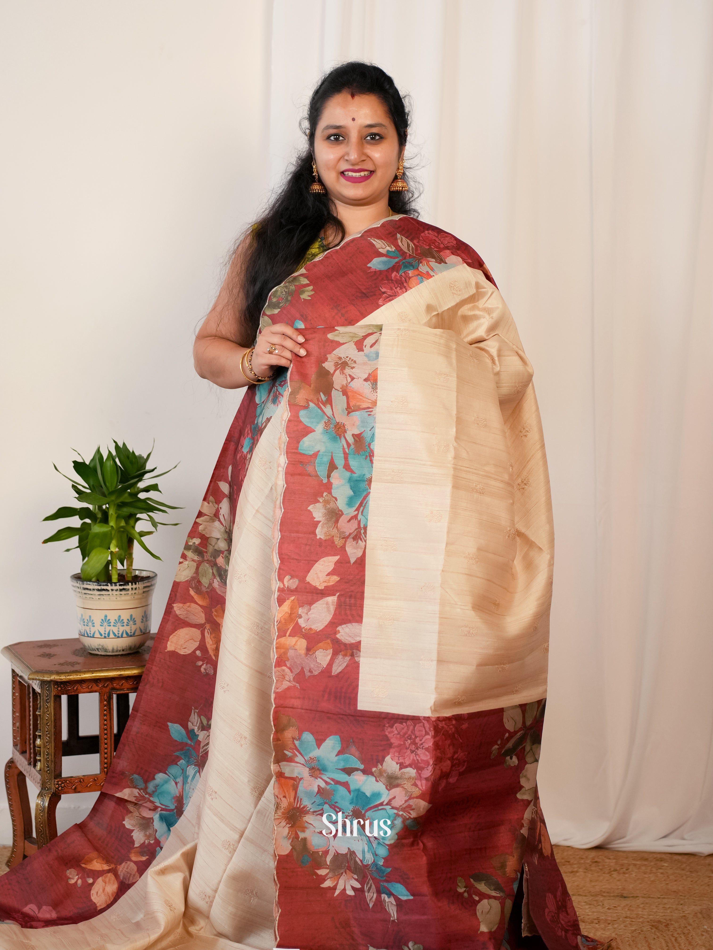 Cream & Brown - Matka Cotton Saree