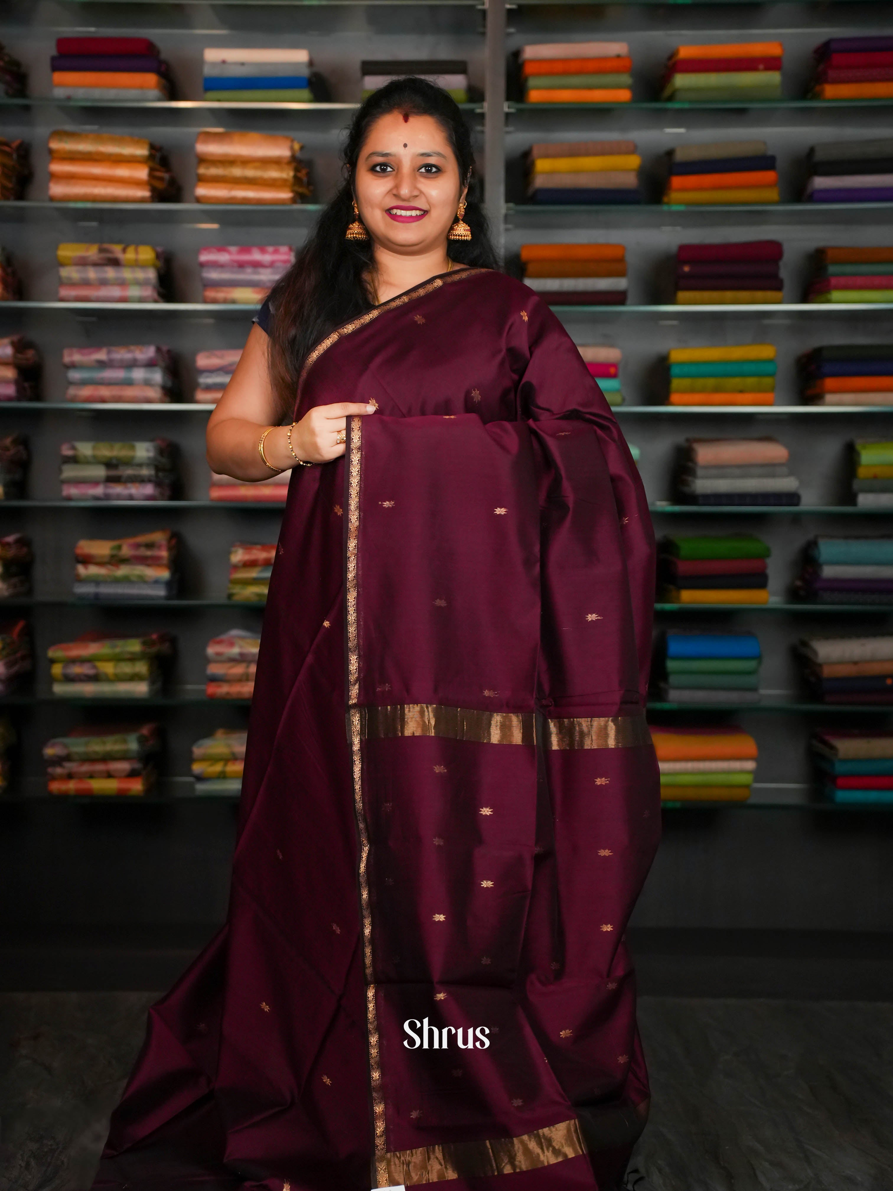 Deep wine Maheshwari silkcotton Saree