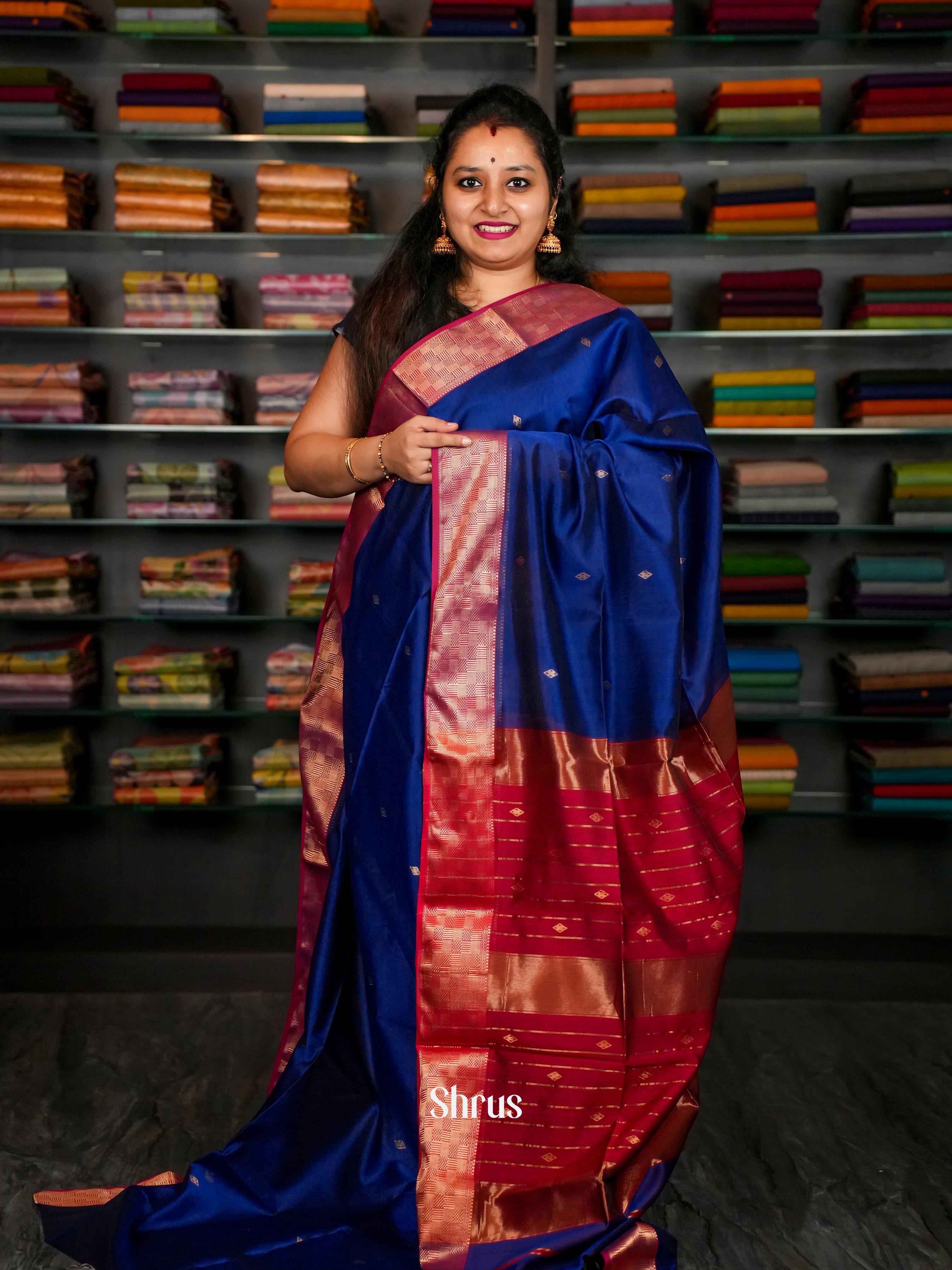 Blue Red Maheshwari silkcotton Saree