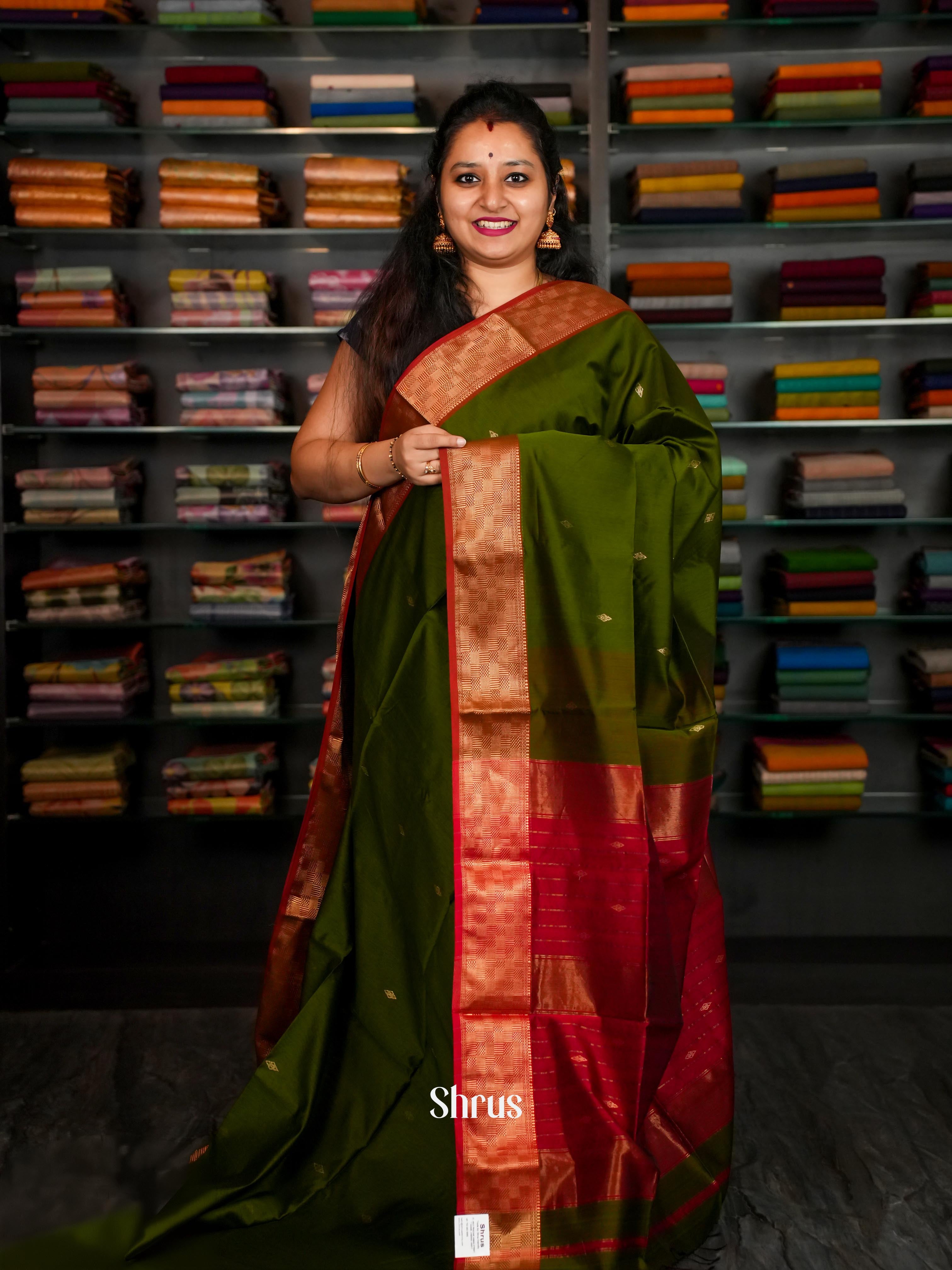 Olive Green & Red  - Maheshwari silkcotton Saree