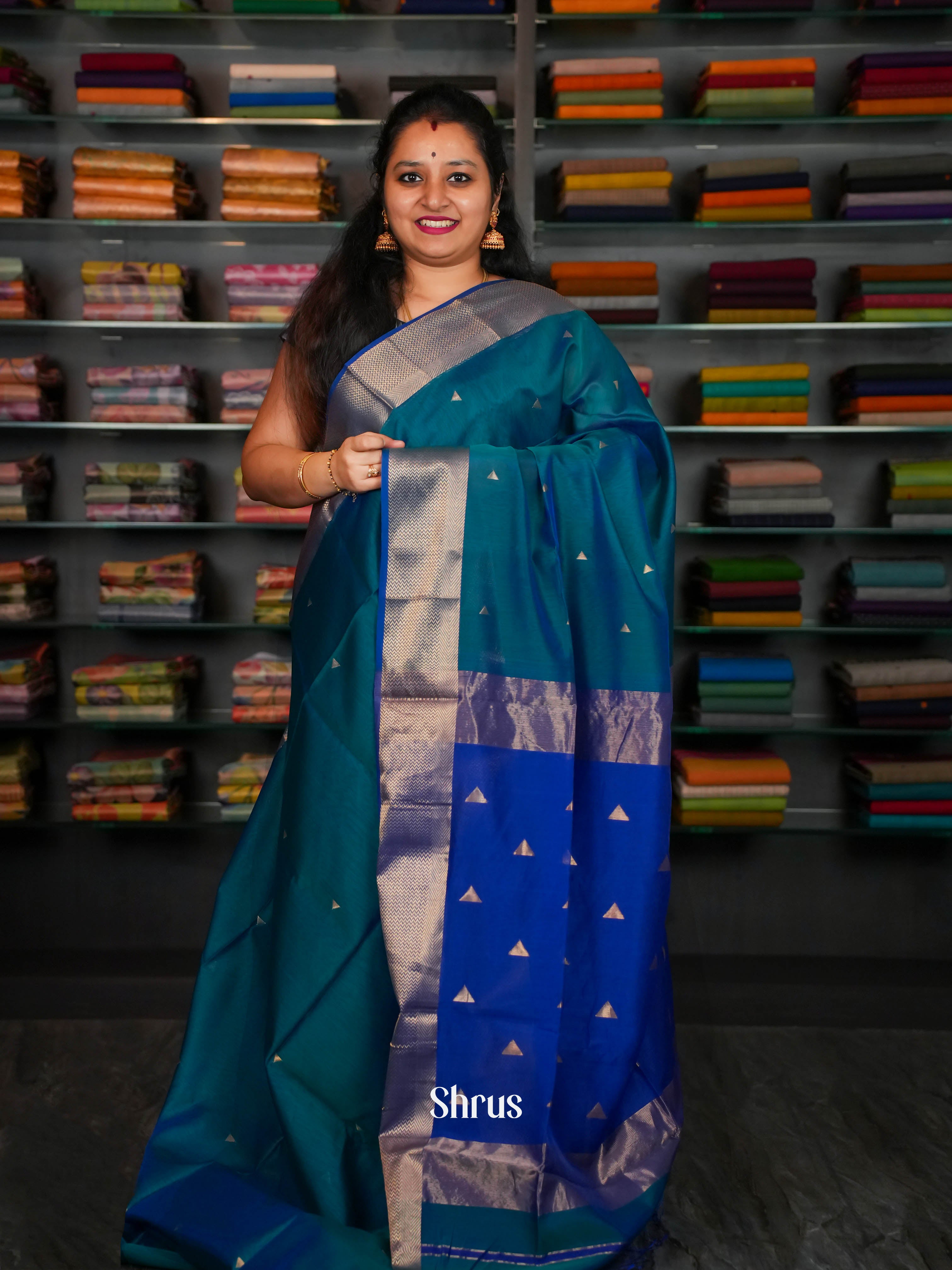 Blue Green  Maheshwari silkcotton Saree