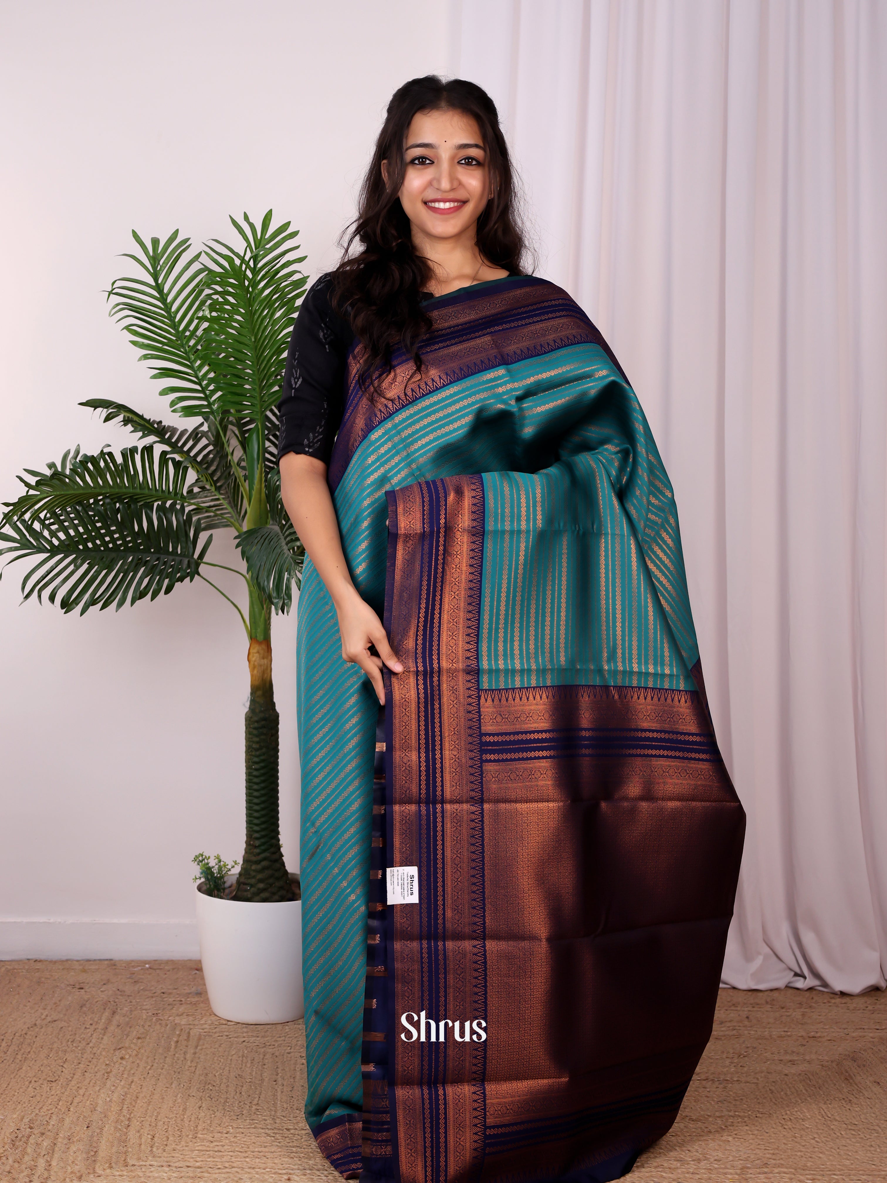 Teal & Blue - Semi Arani Silk Saree - Shop on ShrusEternity.com