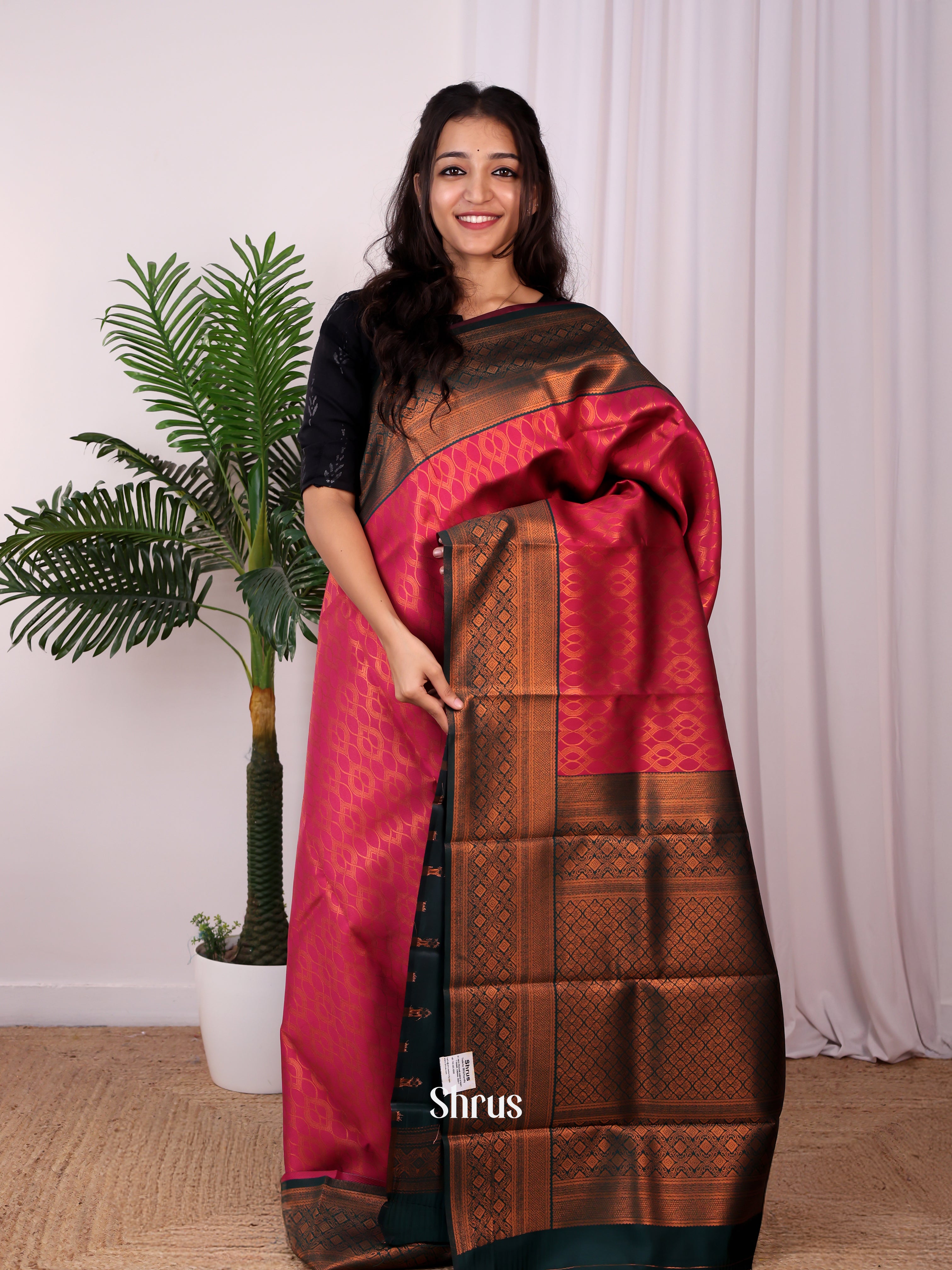 Pink & Green - Semi Arani Silk Saree - Shop on ShrusEternity.com