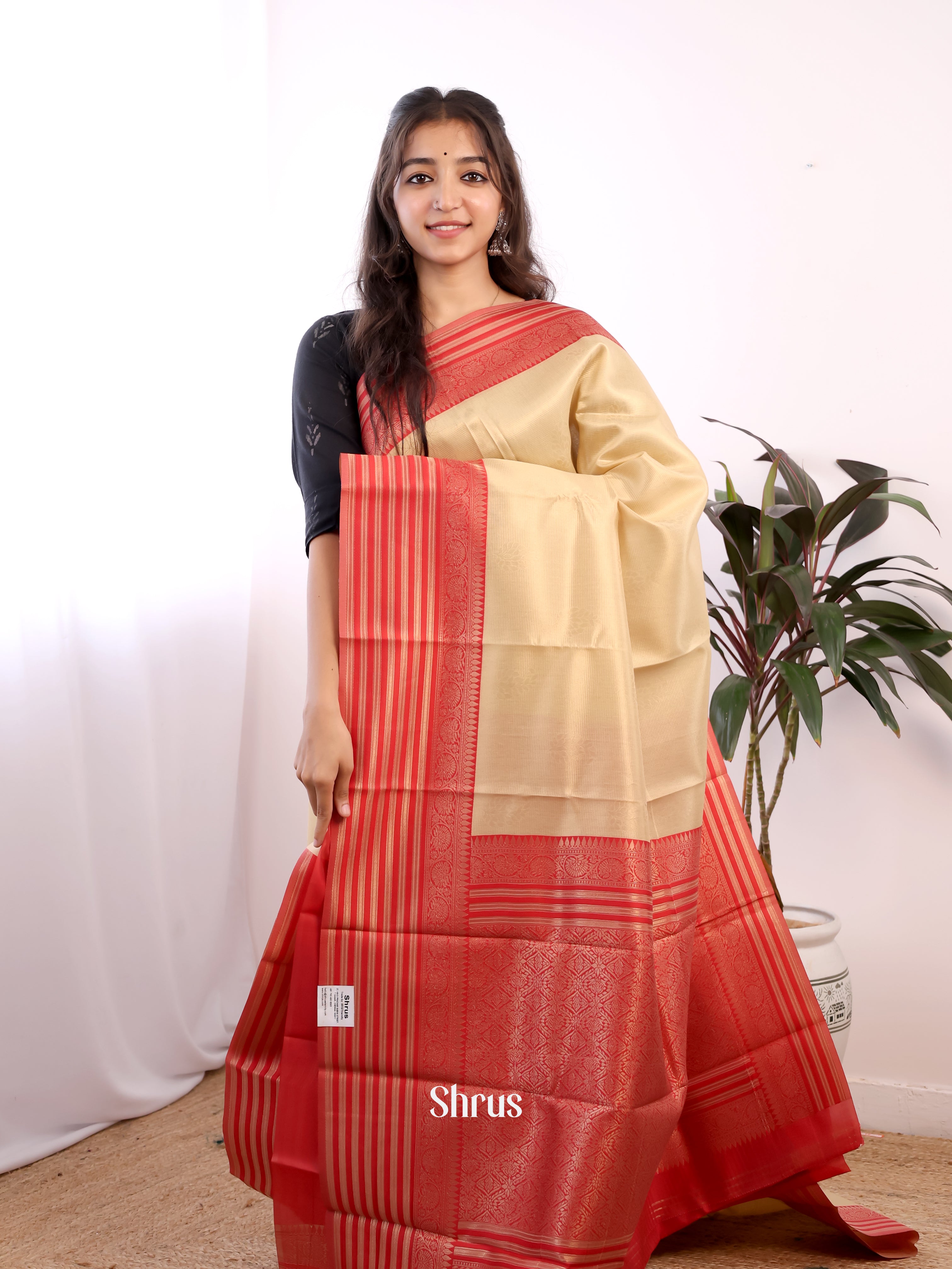 Cream & Red - Semi Arani Silk Saree