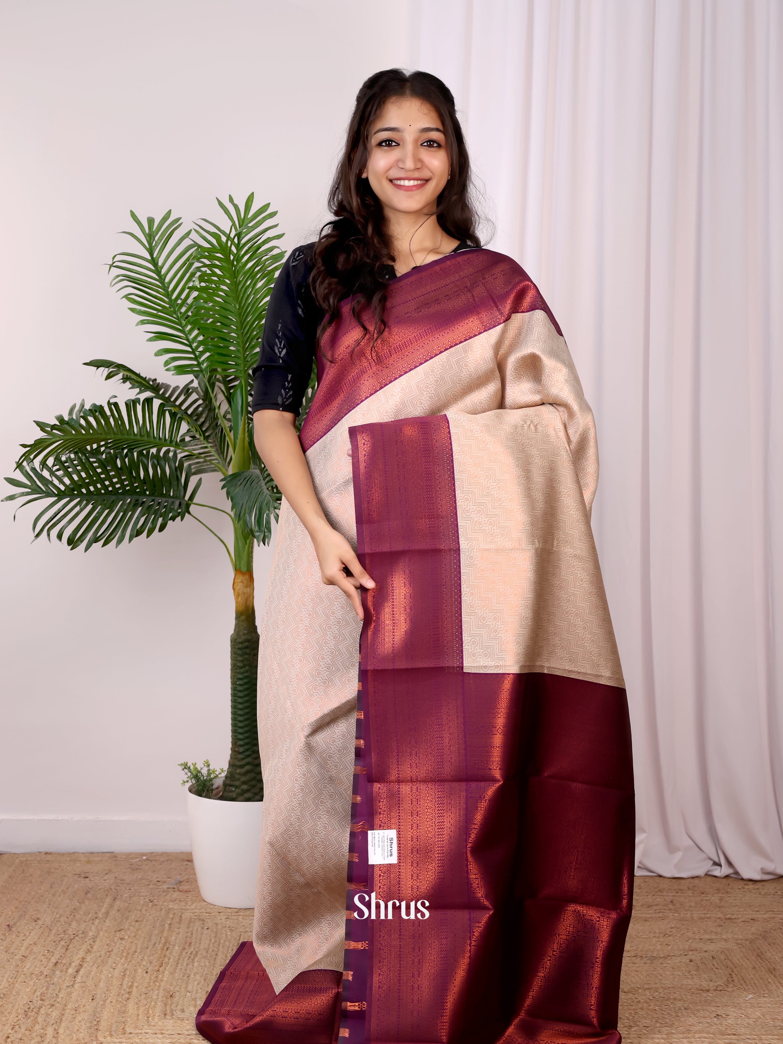 Cream & Purple - Semi Arani Silk Saree