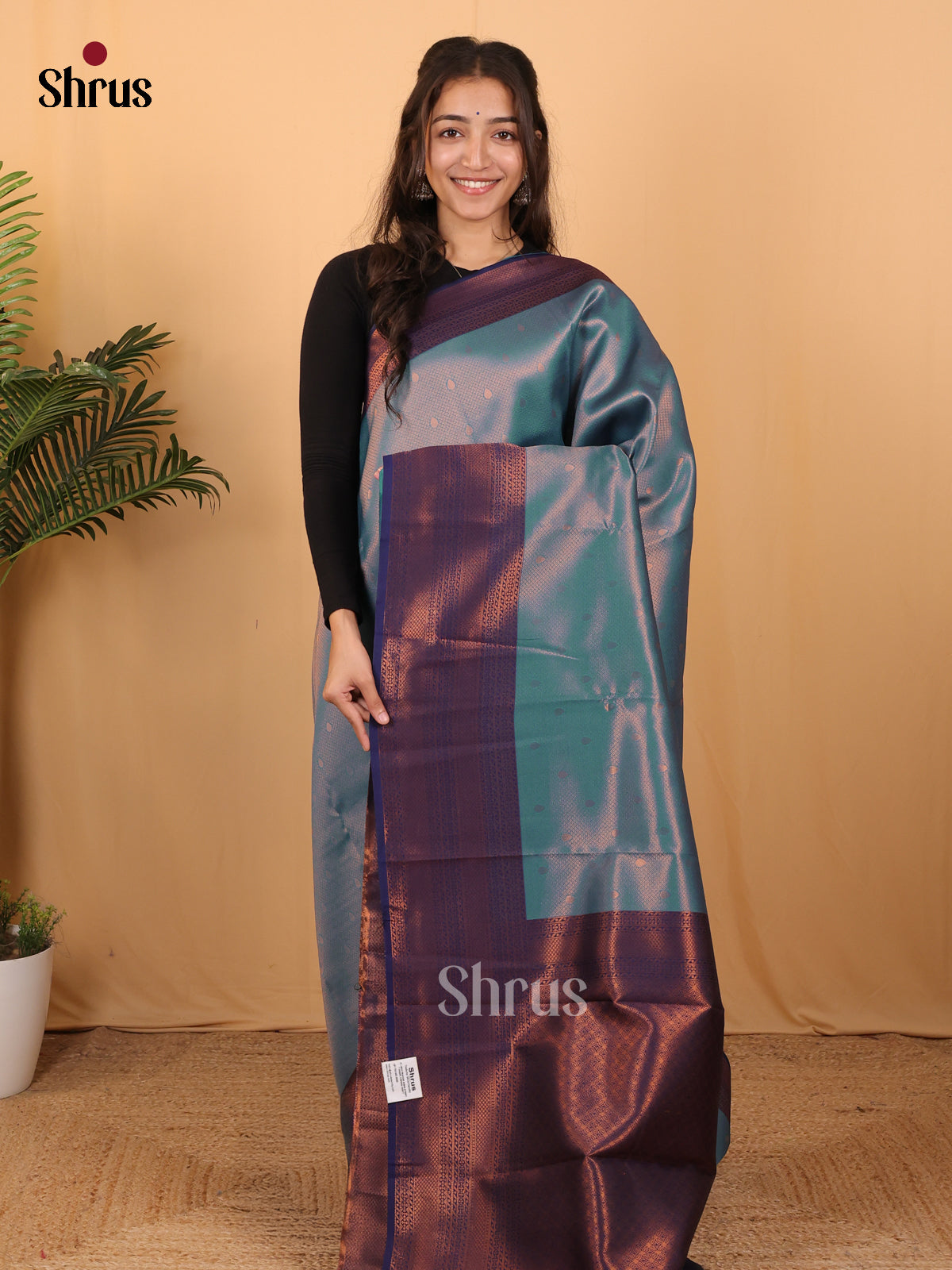 Greenish Blue & Blue - Semi Arani Silk Saree - Shop on ShrusEternity.com