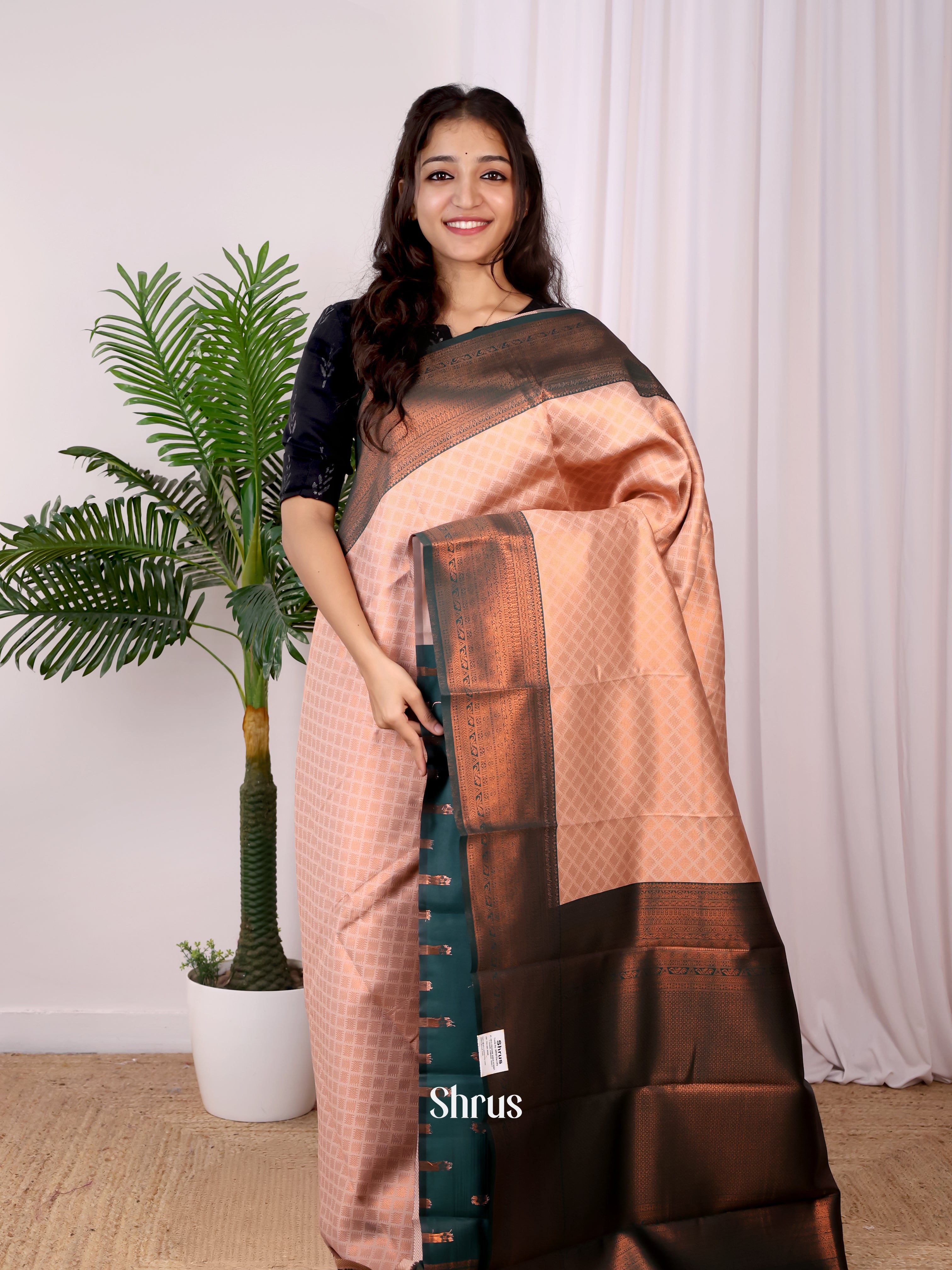 Peach  & Green - Semi Arani Silk Saree