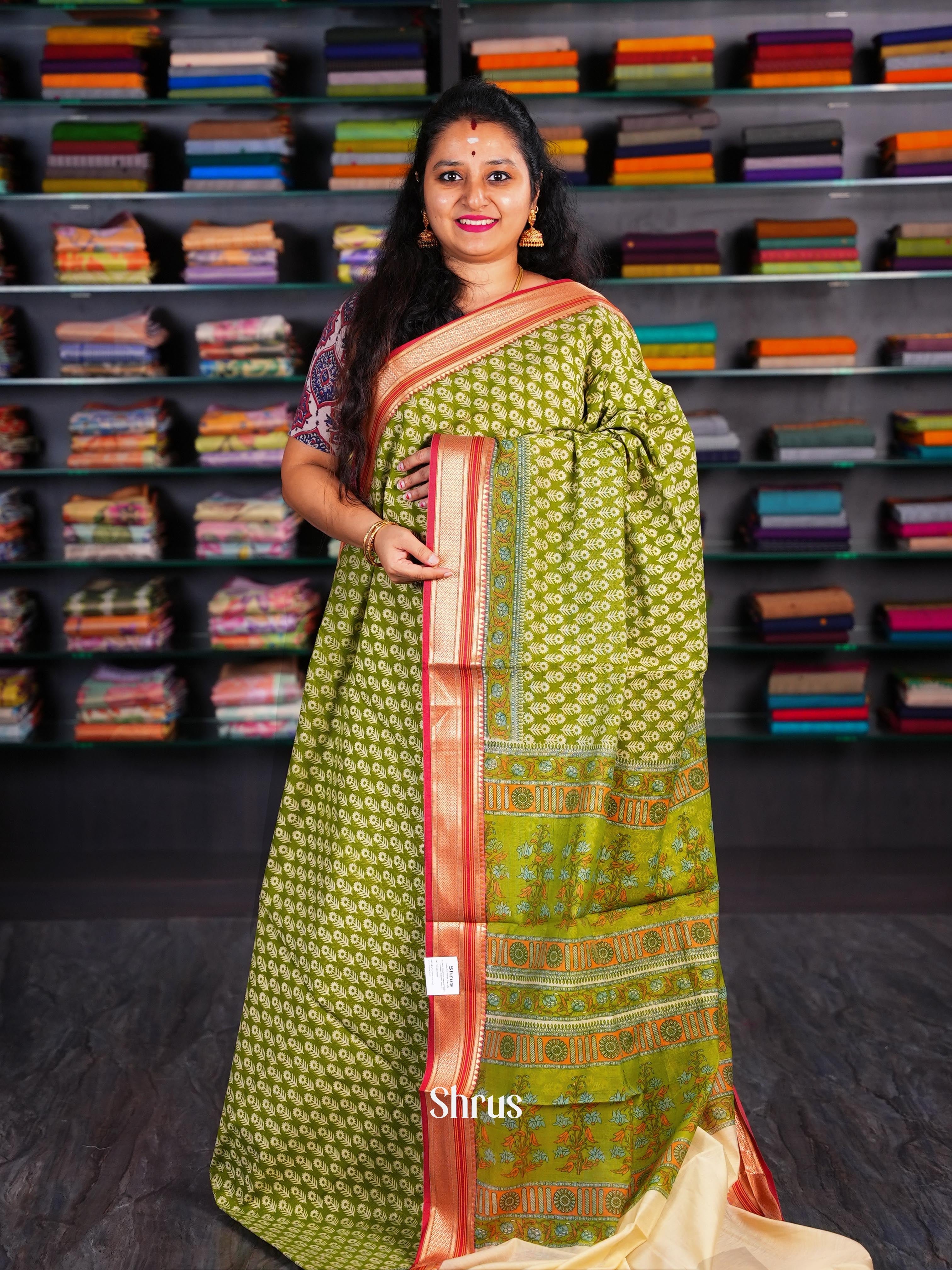 Green & Cream - Semi Chanderi Saree