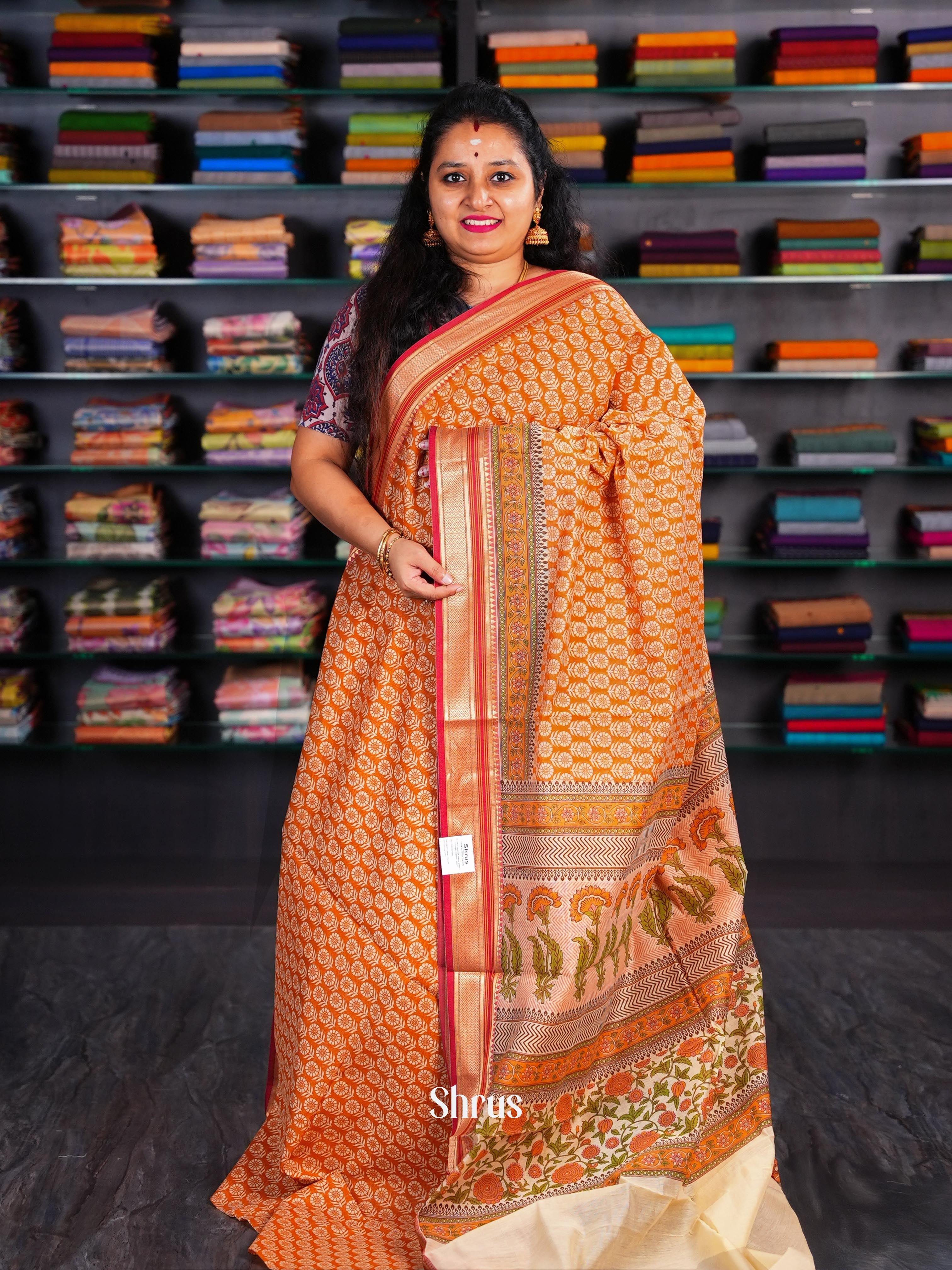 Orange & Cream - Semi Chanderi Saree