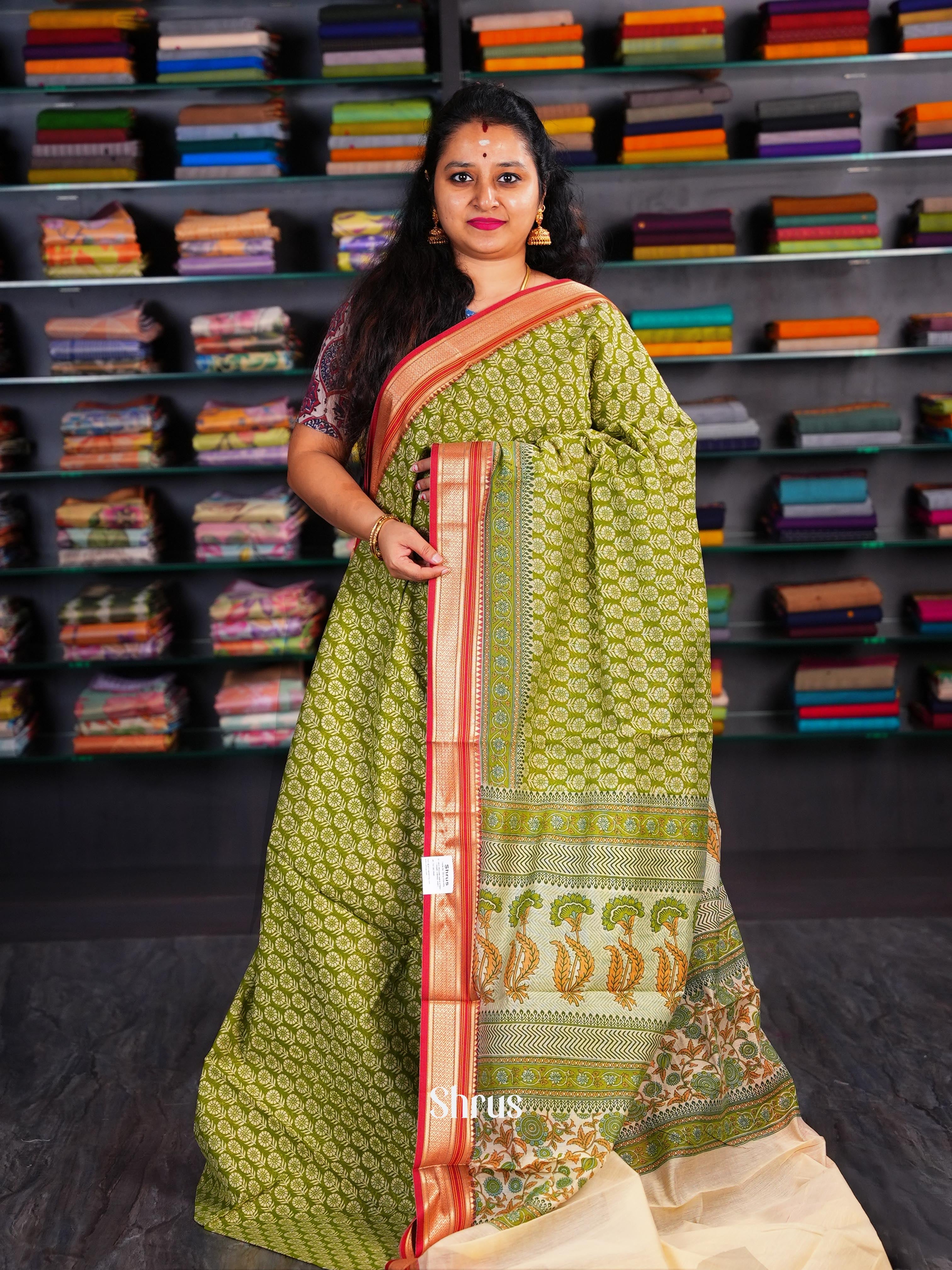 Light Olive Green  - Semi Chanderi Saree