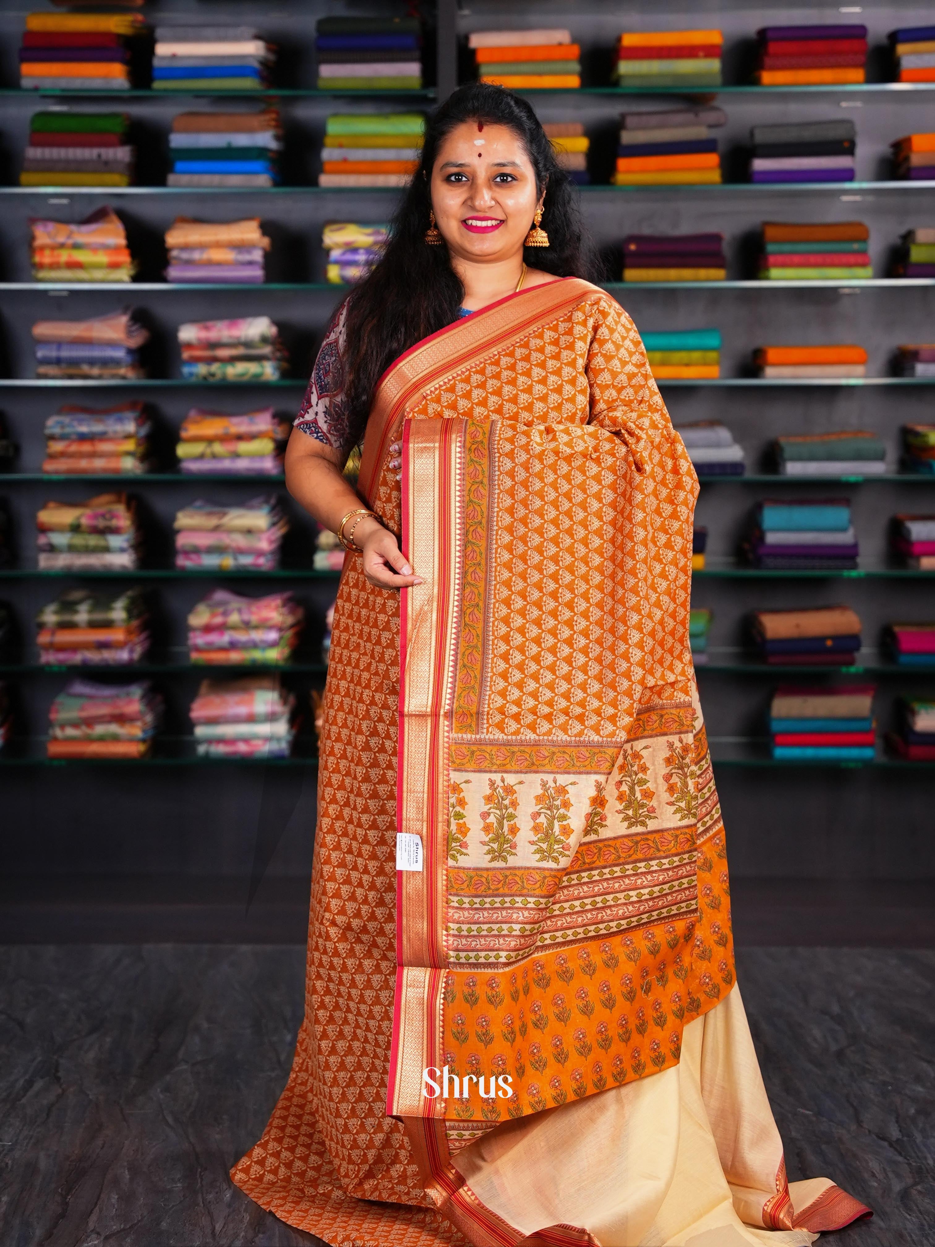 Orange & Cream - Semi Chanderi Saree