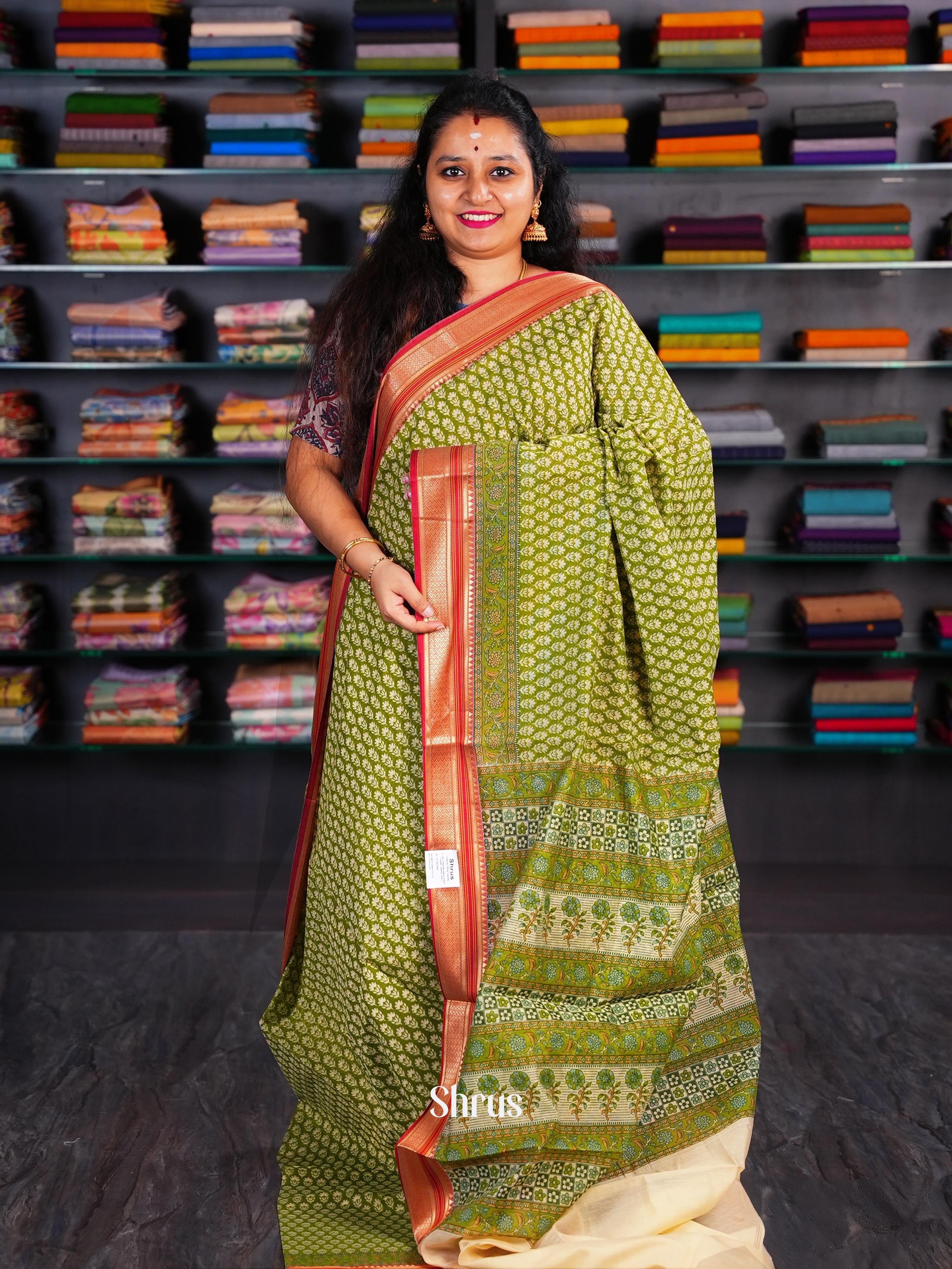 Green & Cream - Semi Chanderi Saree