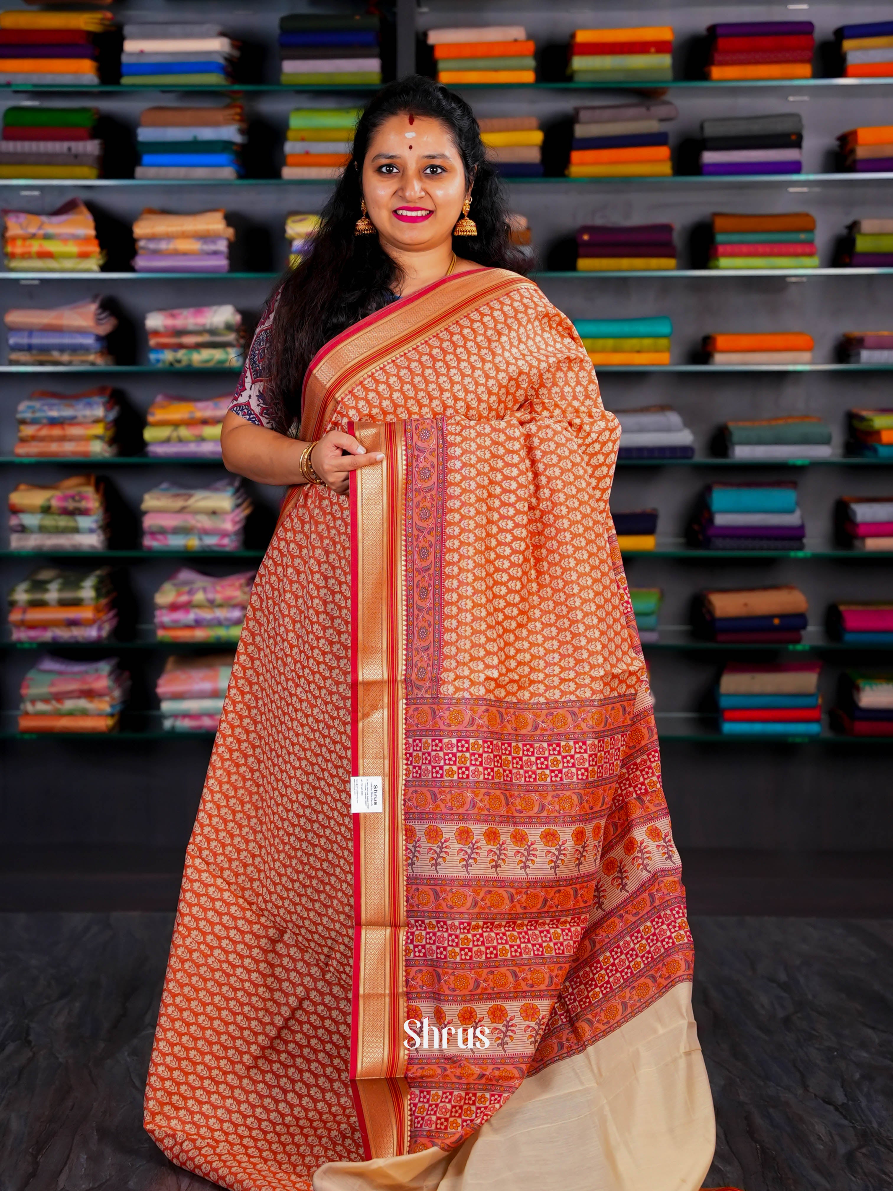 Orange & Cream  - Semi Chanderi Saree