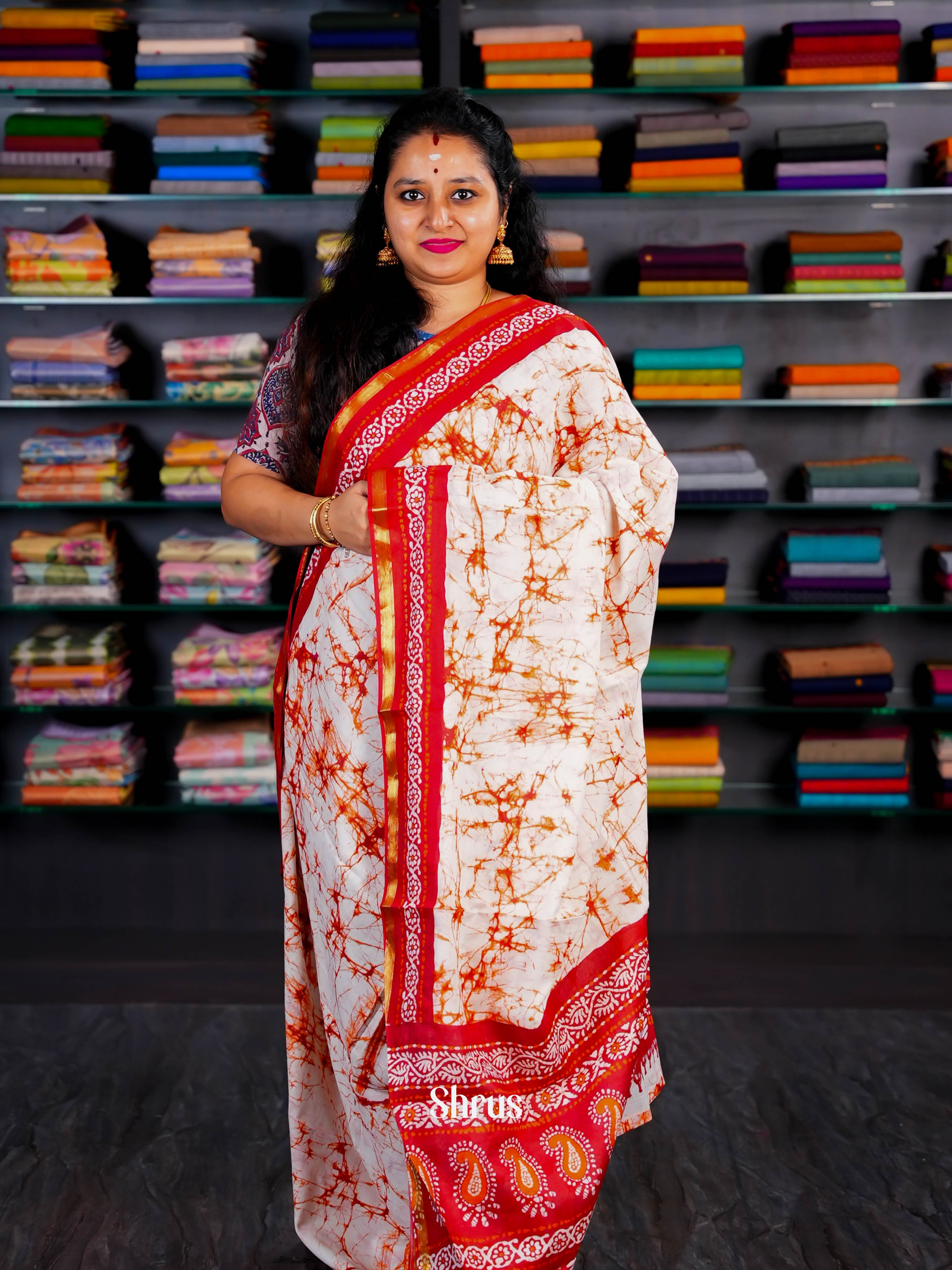 Cream & Dark Red - Semi Chanderi Saree