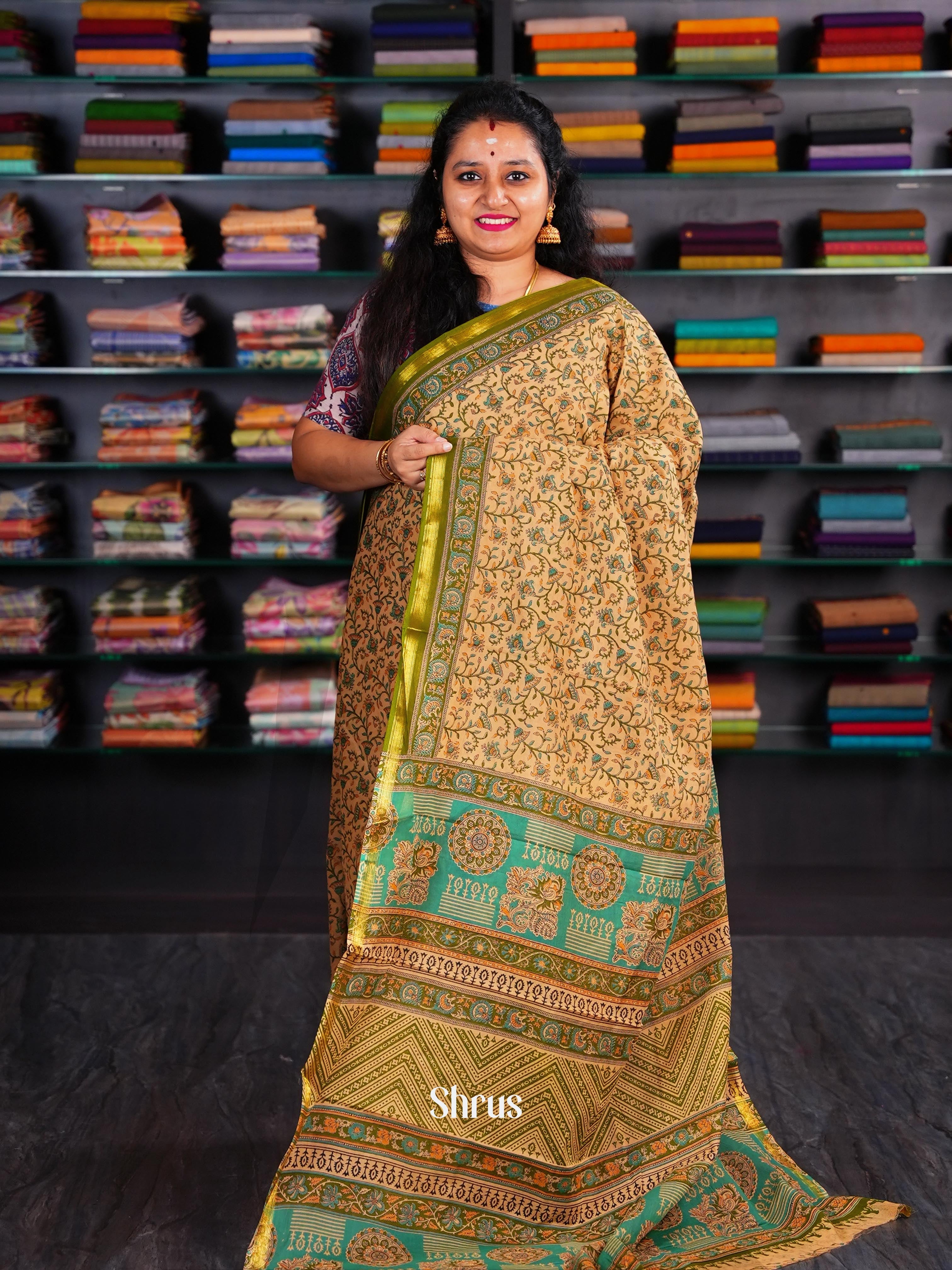 Creamy Orange & Green - Semi Chanderi Saree