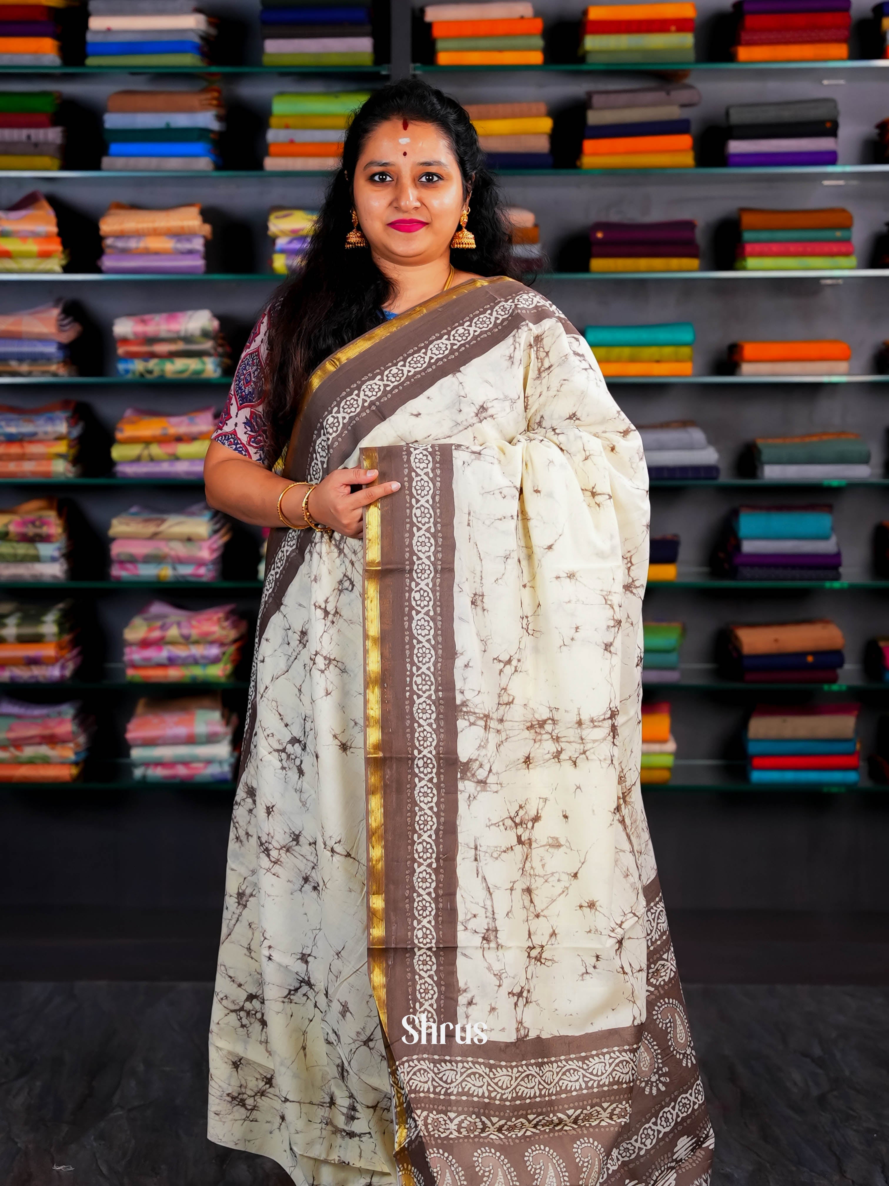 Cream & Brown  - Semi Chanderi Saree