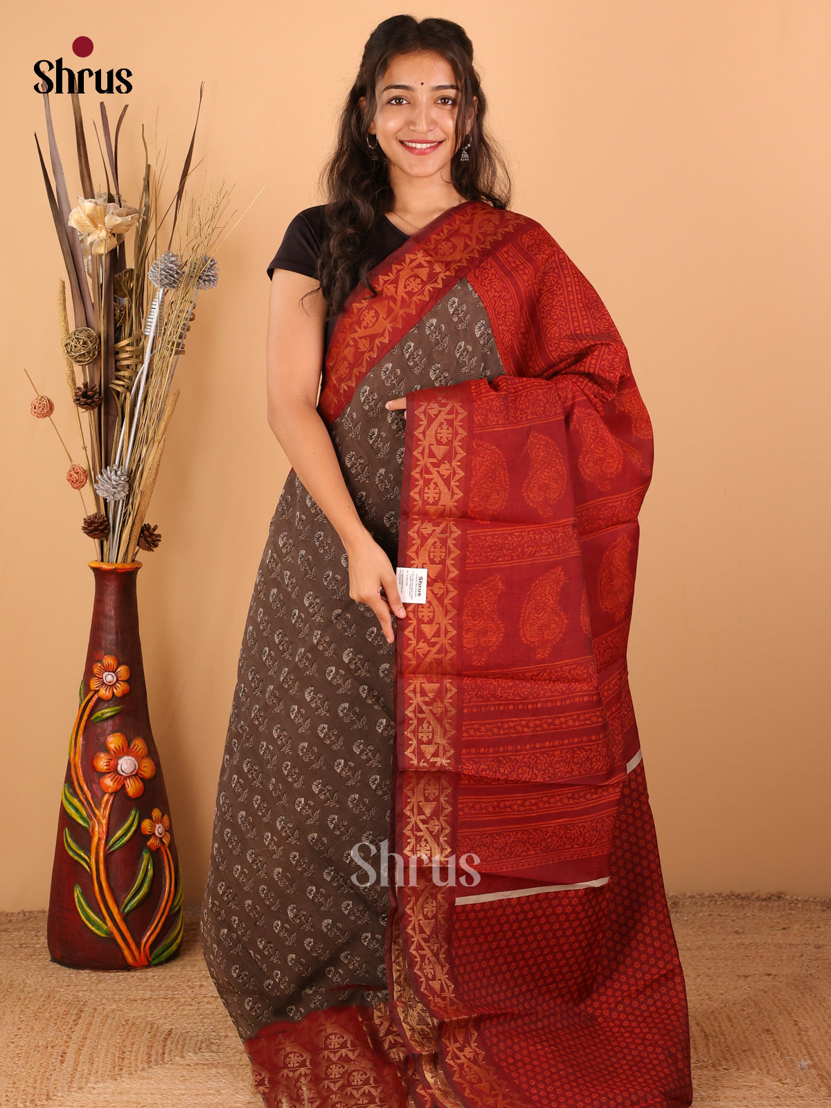 Grey with Maroon - Semi Chanderi - CIS06043 - Shop on Shrus.com
