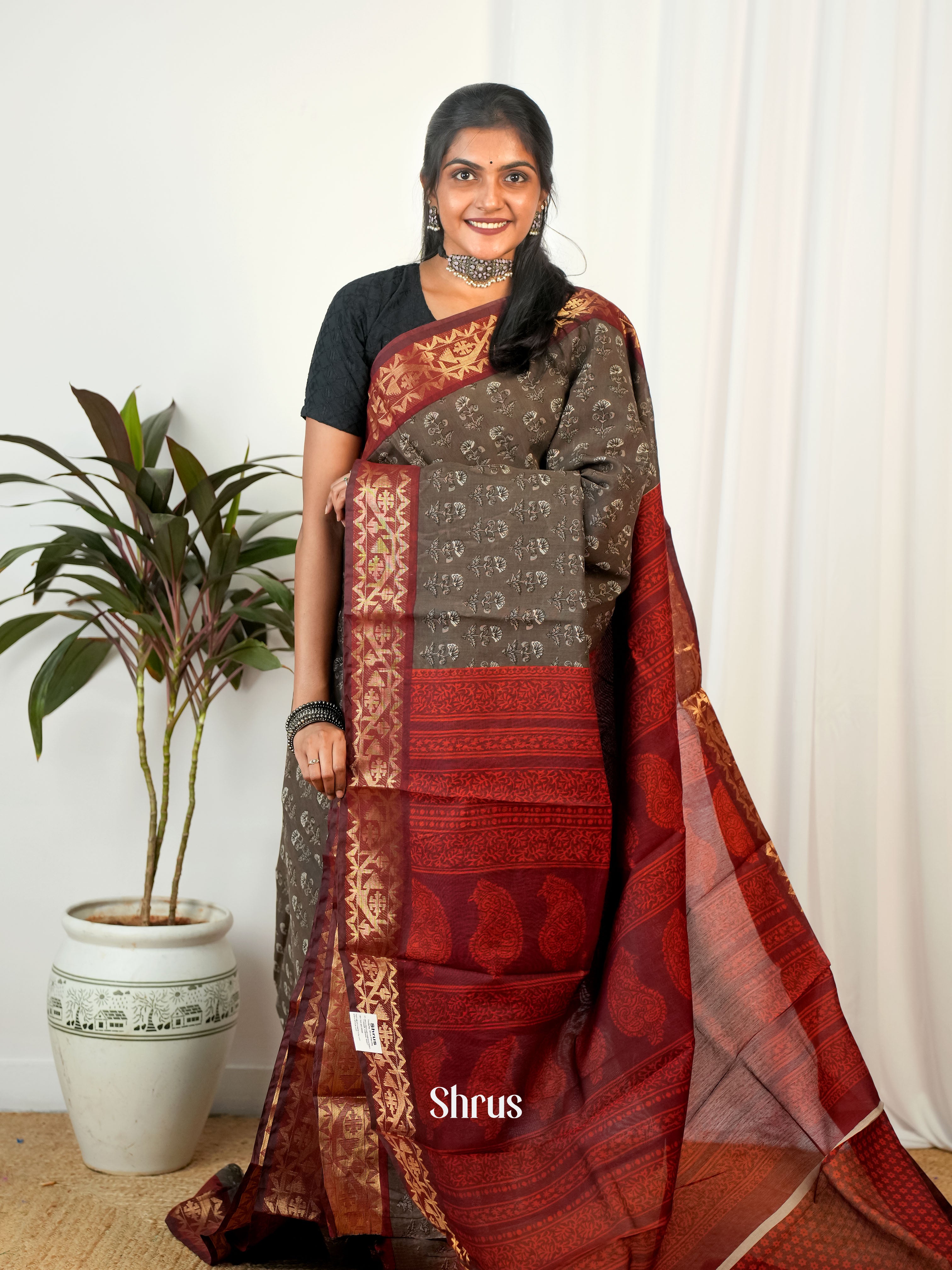 Grey & Maroon - Semi Chanderi Saree