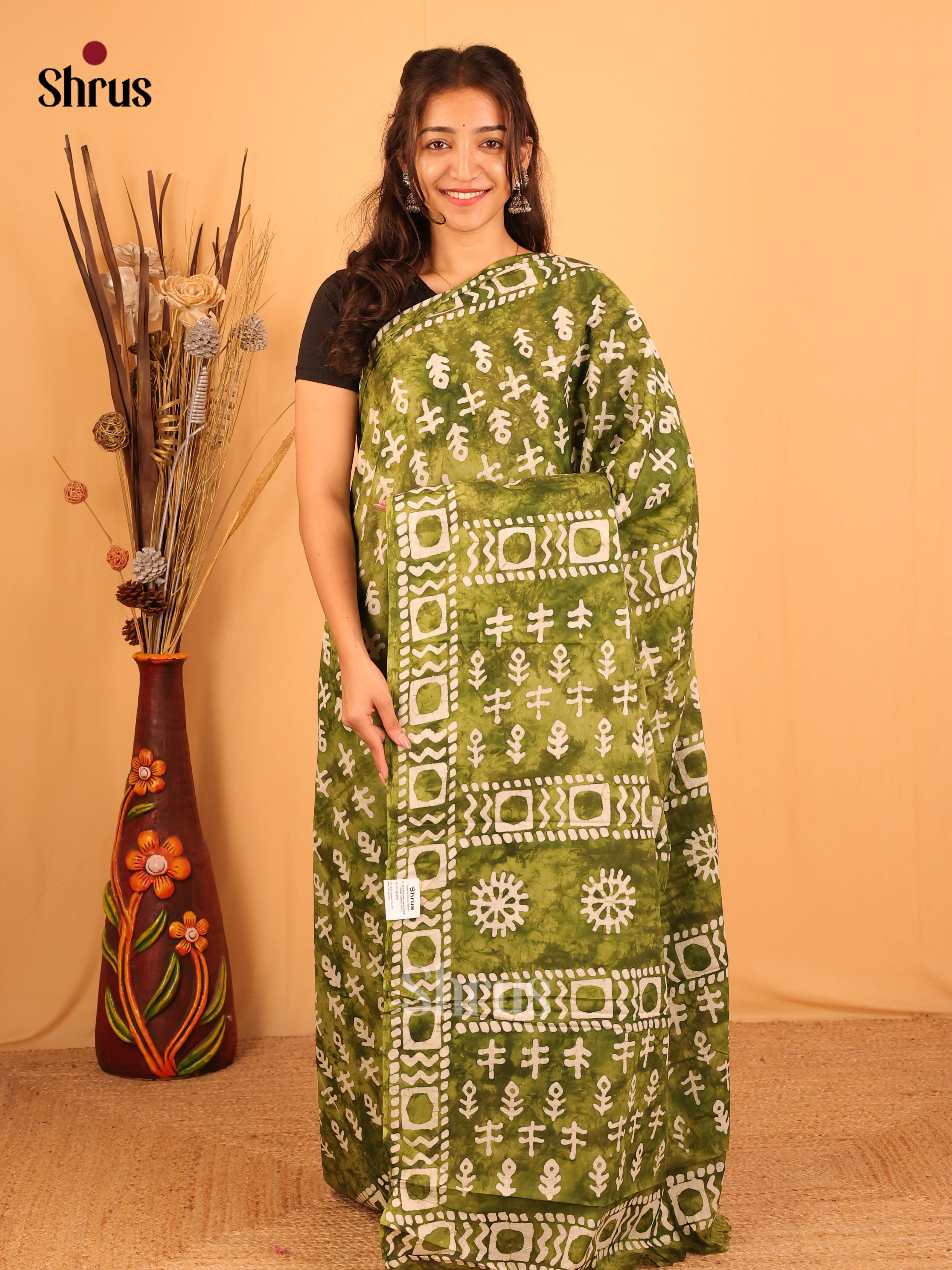 Green - Jaipur cotton Saree - Shop on Shrus.com