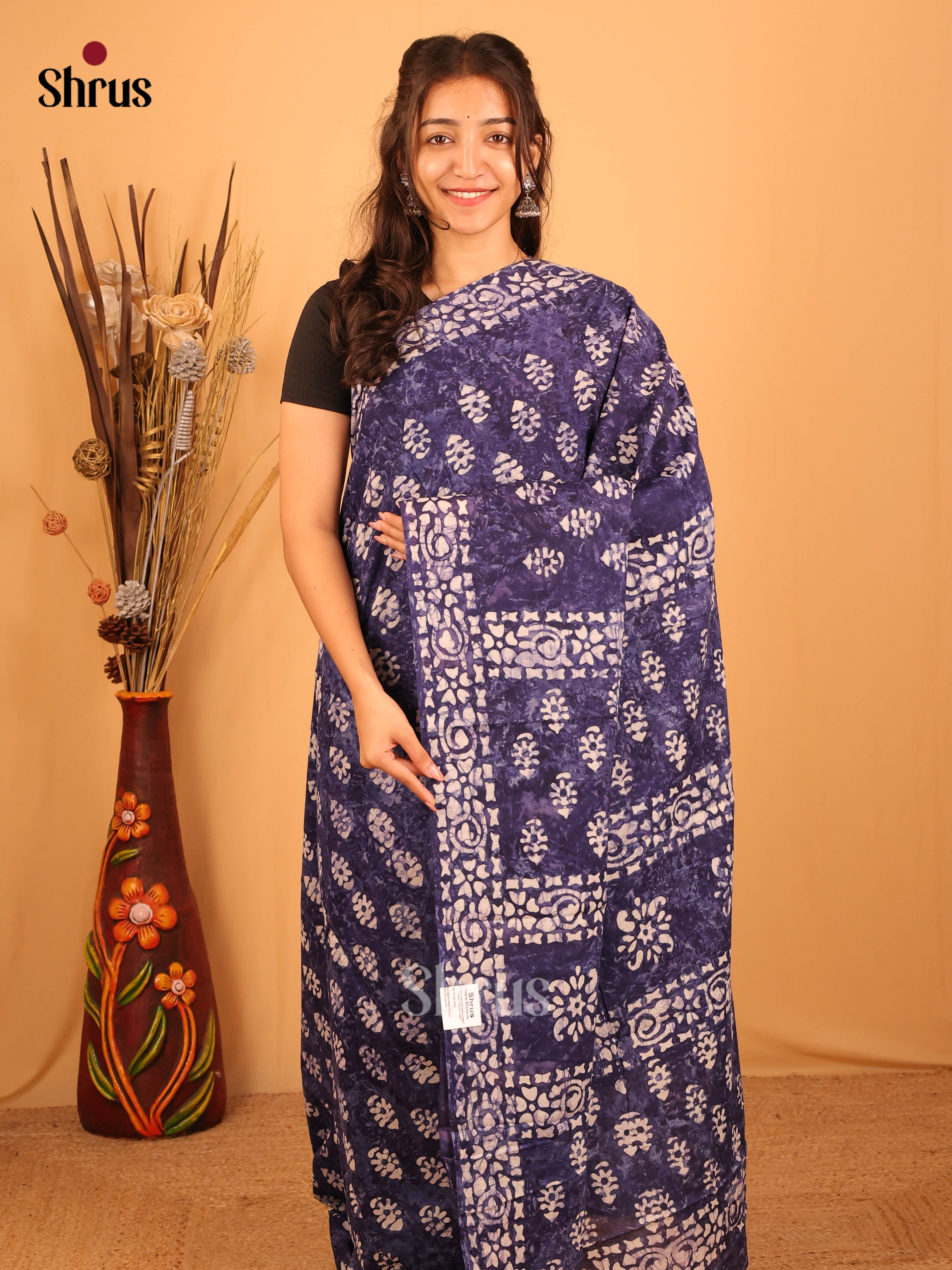 Blue- Jaipur cotton Saree - Shop on Shrus.com