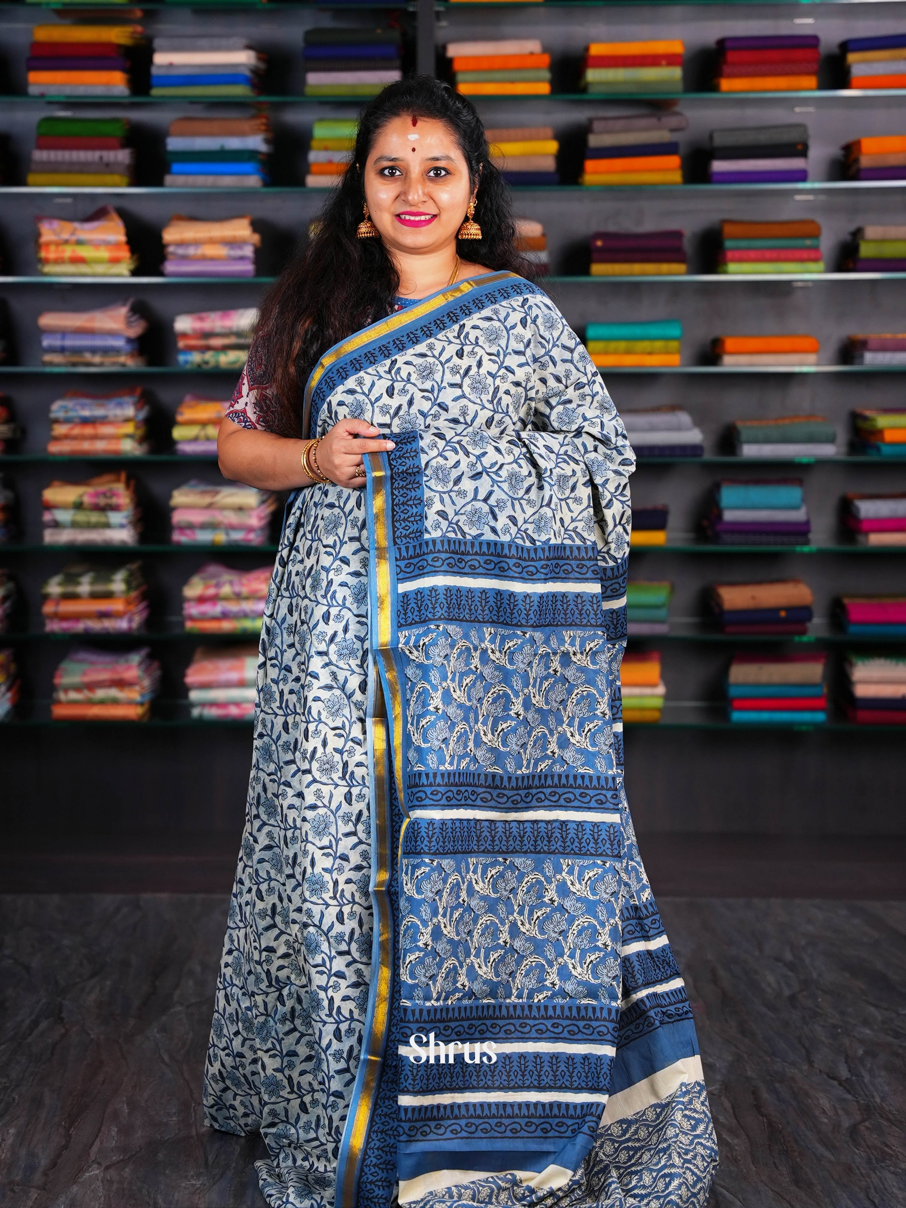 Cream & Blue - Semi Chanderi Saree