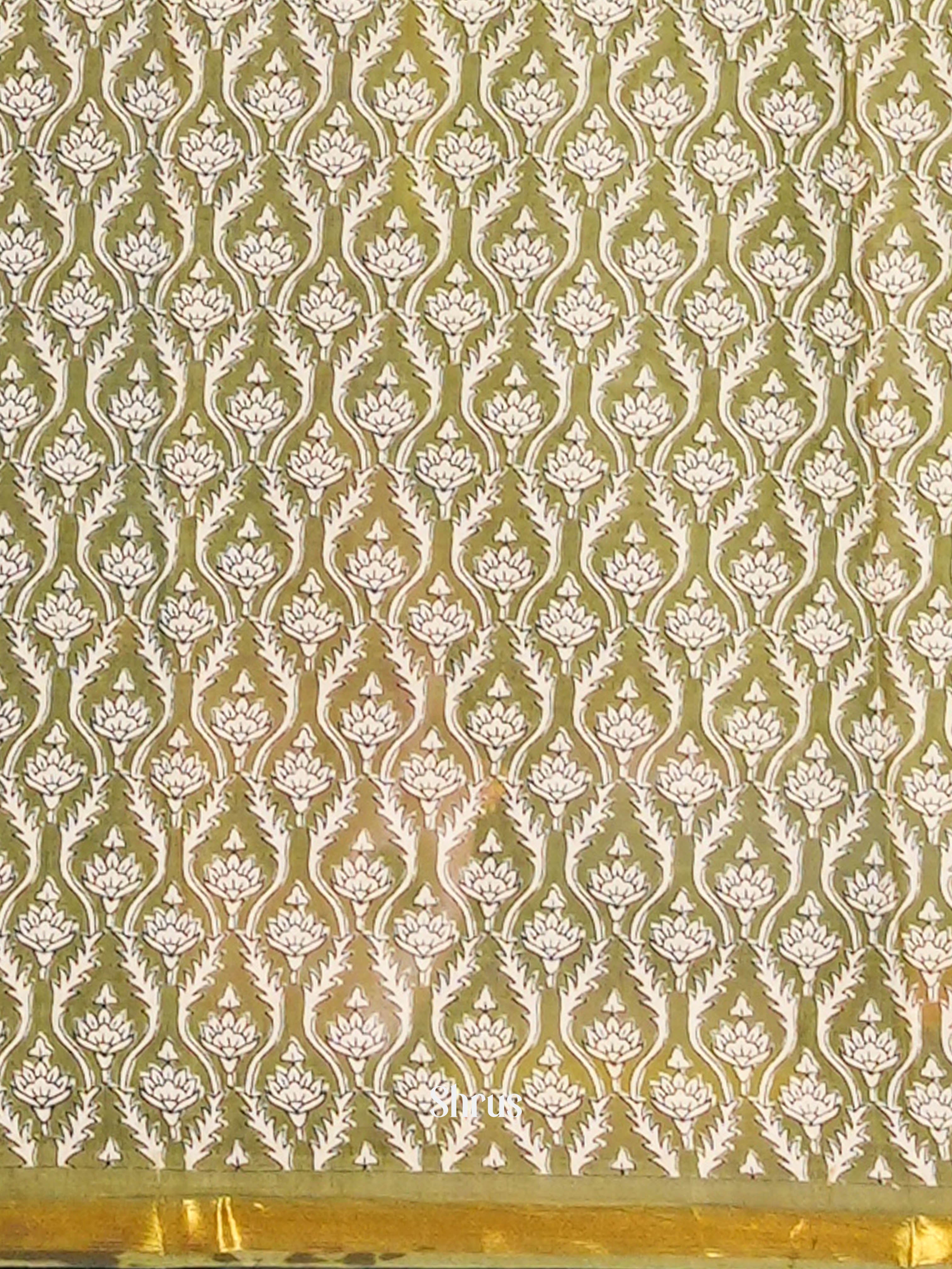 Cream & Green  - Semi Chanderi Saree