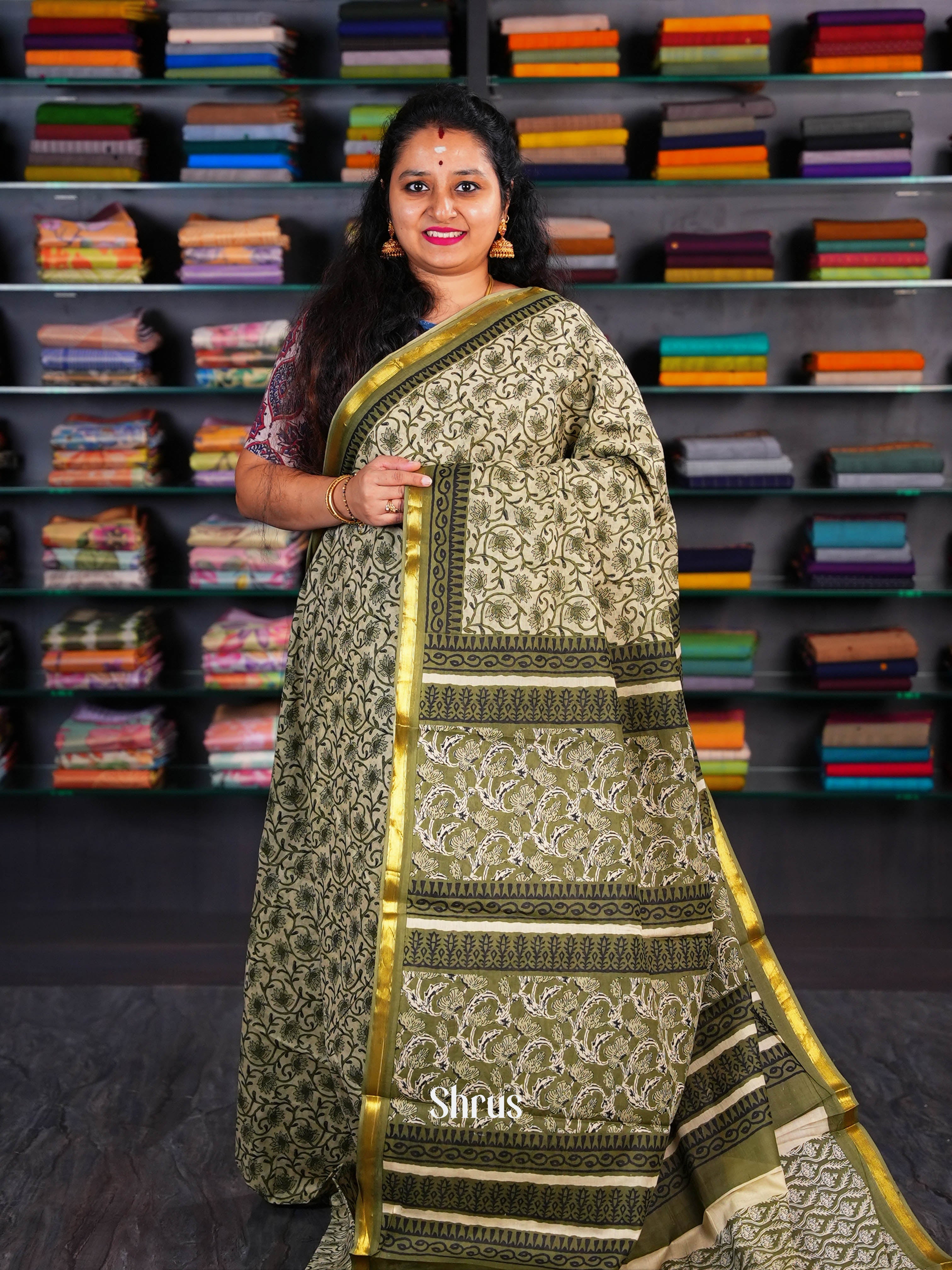 Cream & Green  - Semi Chanderi Saree