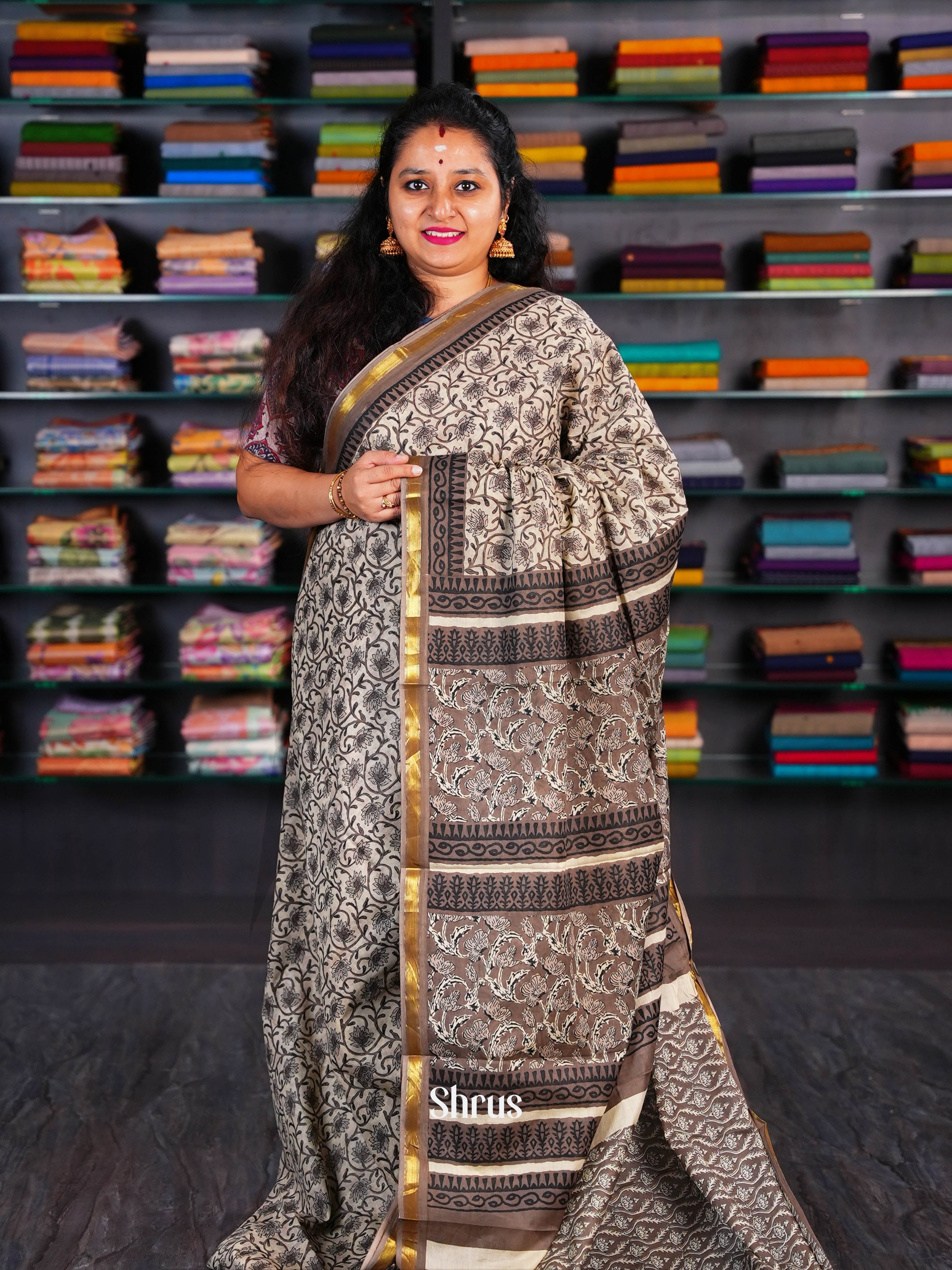 Cream & Brown  - Semi Chanderi Saree