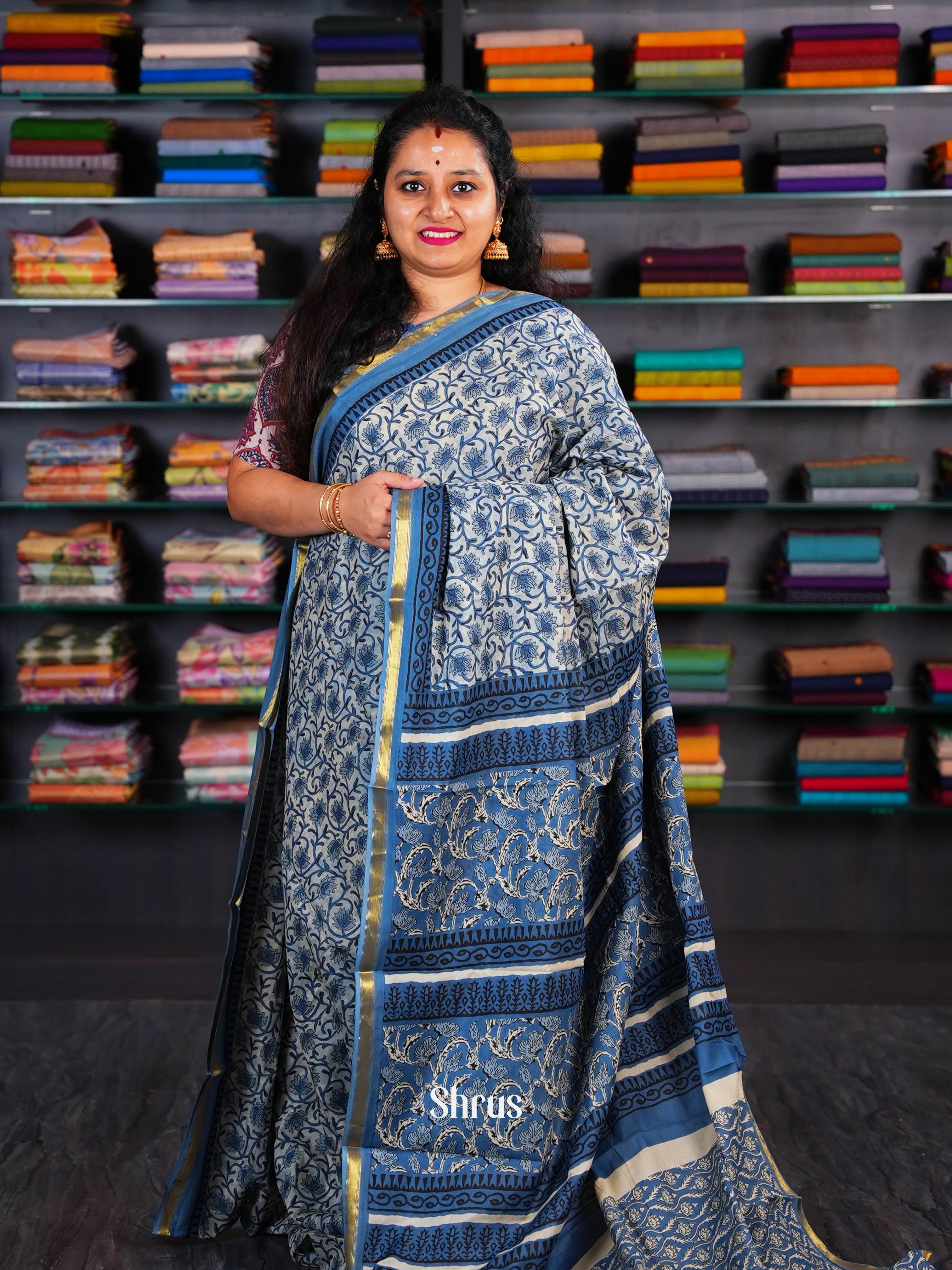 Cream & Blue  - Semi Chanderi Saree