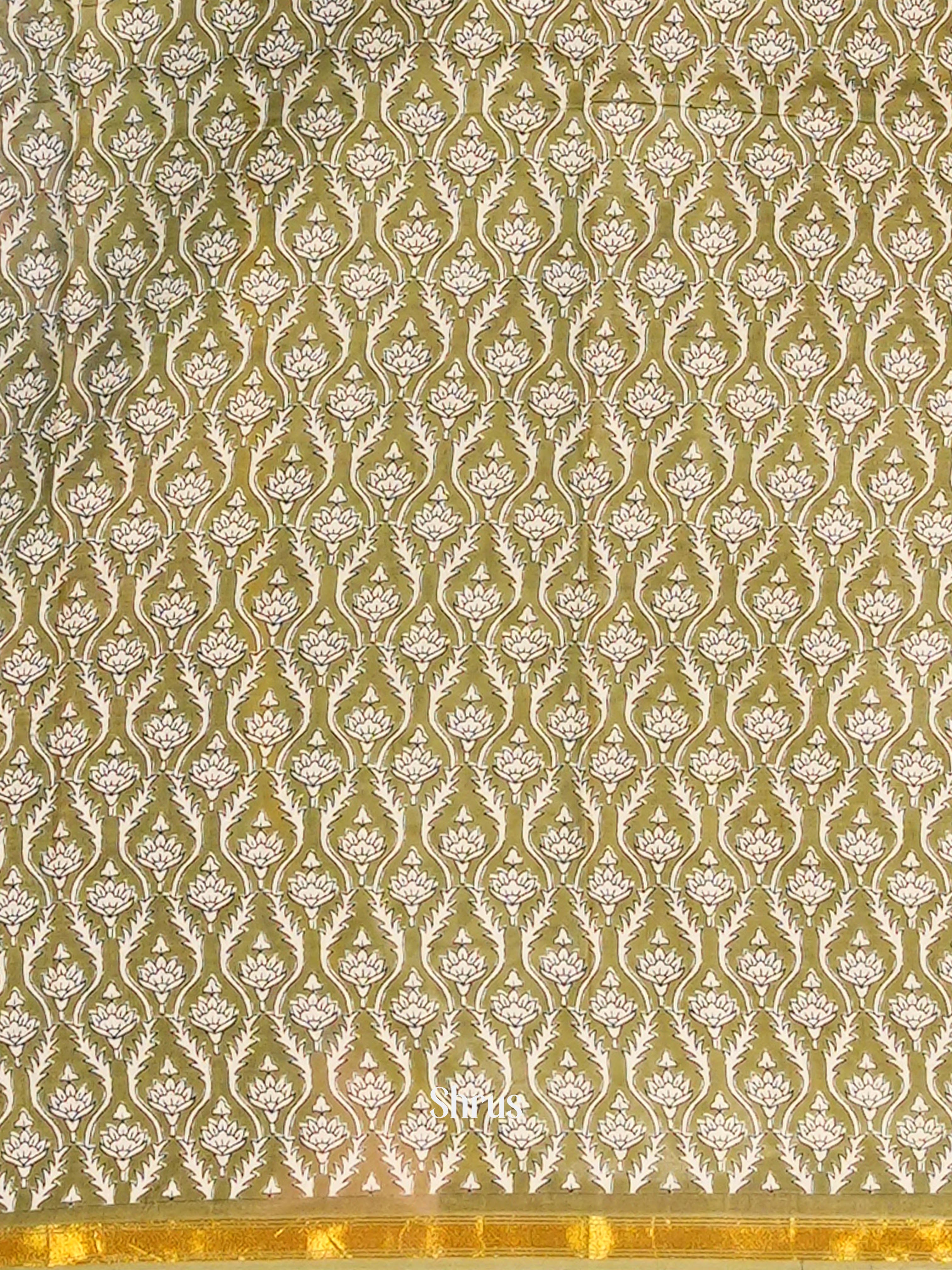 Cream & Green  - Semi Chanderi Saree