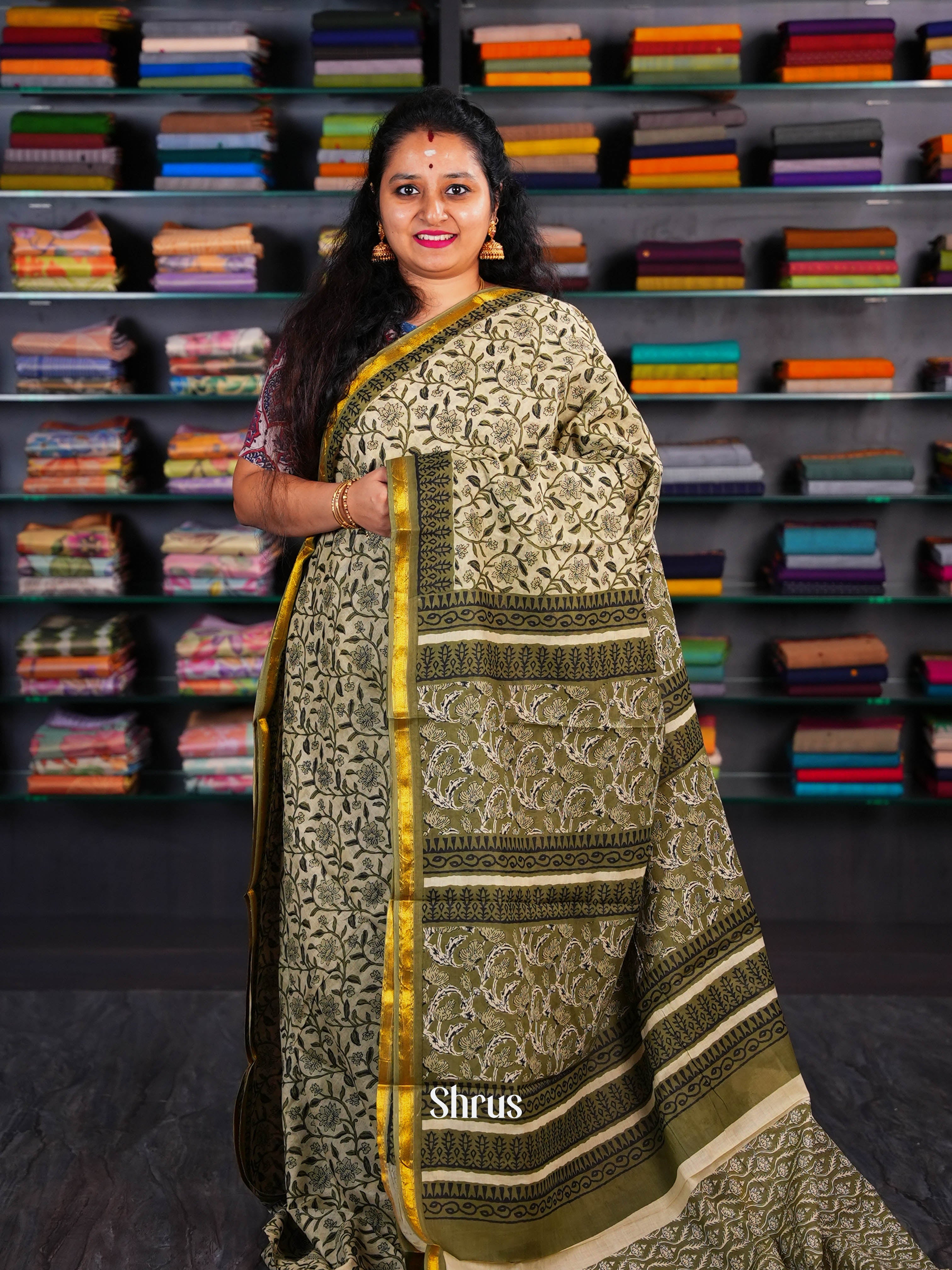 Cream & Green  - Semi Chanderi Saree