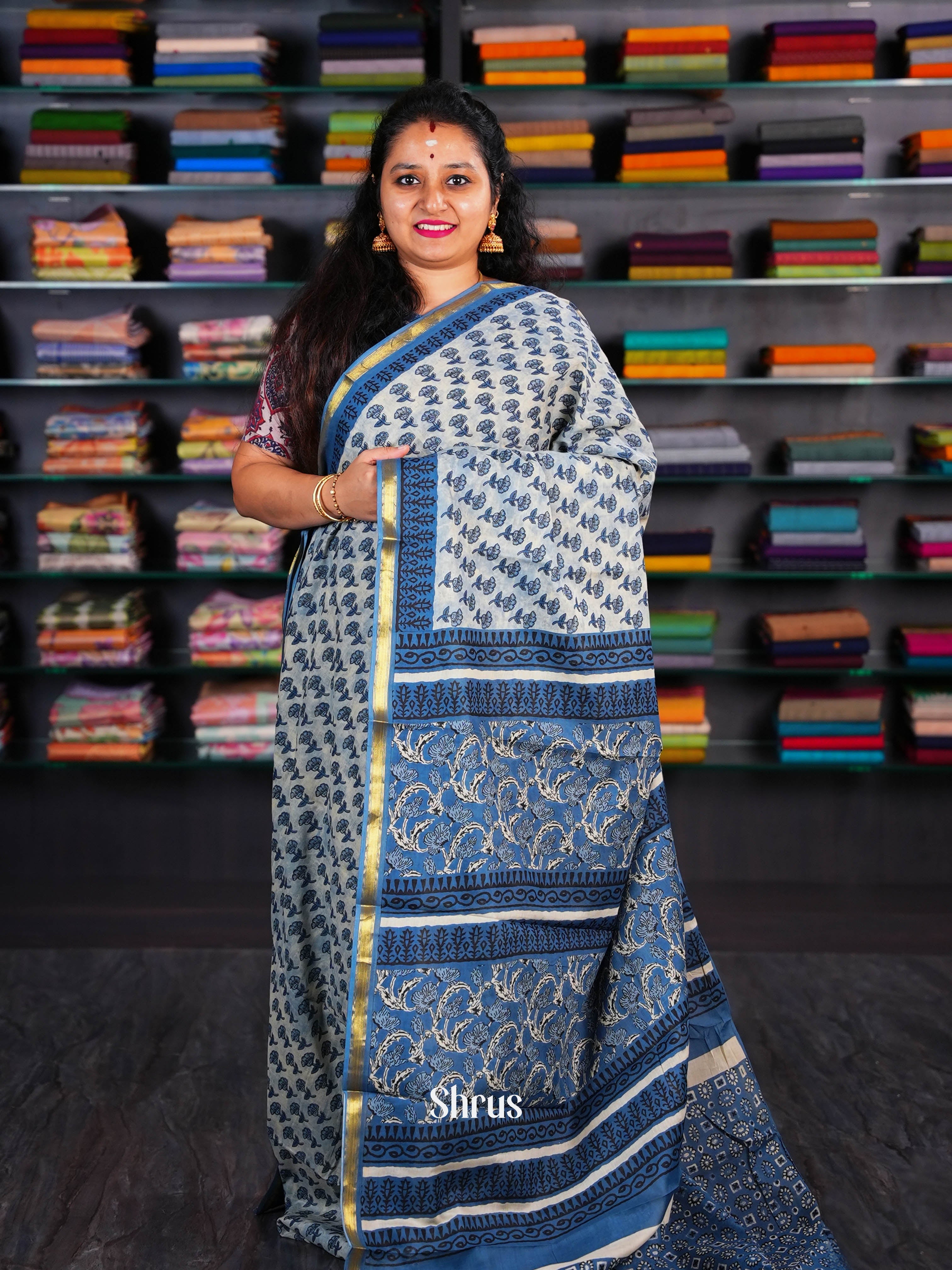 Creamy Blue  - Semi Chanderi Saree