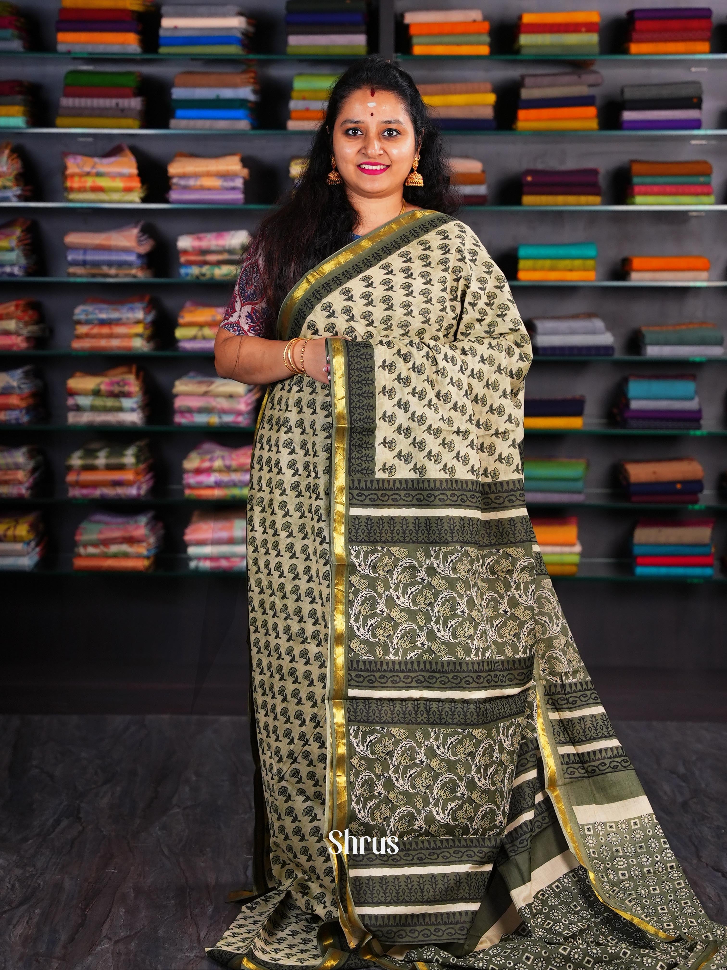 Cream & Green - Semi Chanderi Saree