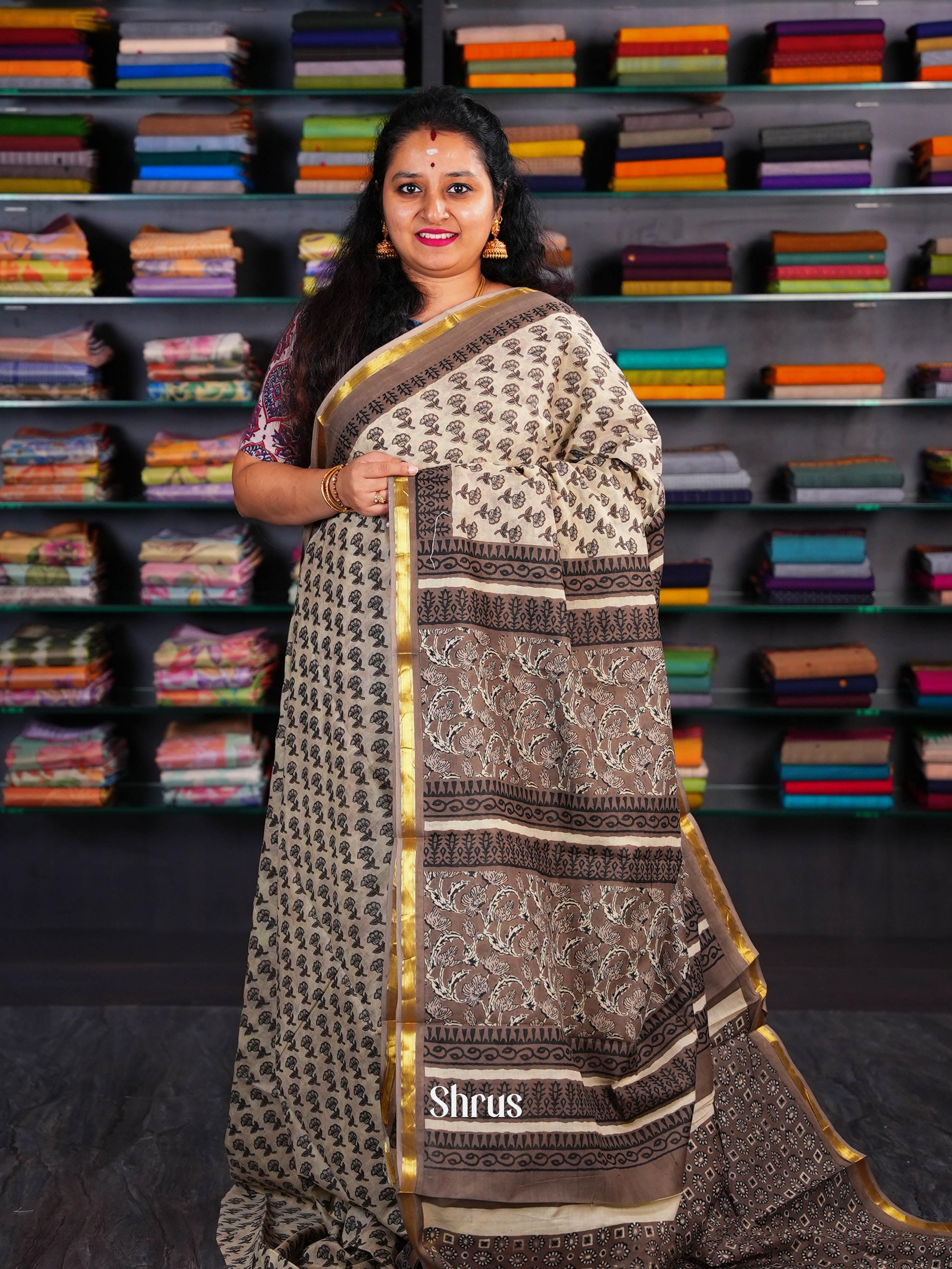 Cream  &  Chocolate  Brown  - Semi Chanderi Saree