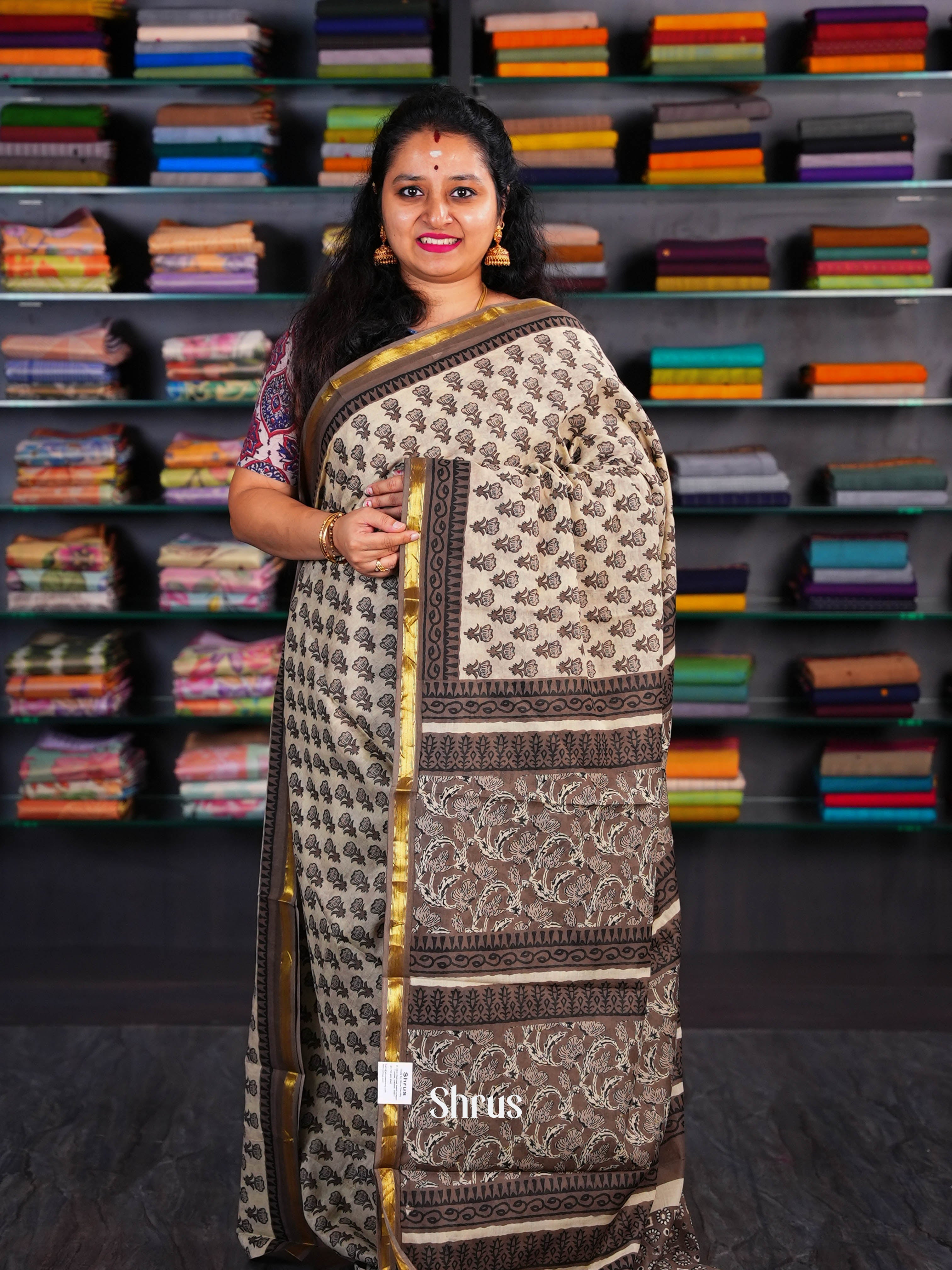 Dark Cream & Brown - Semi Chanderi Saree