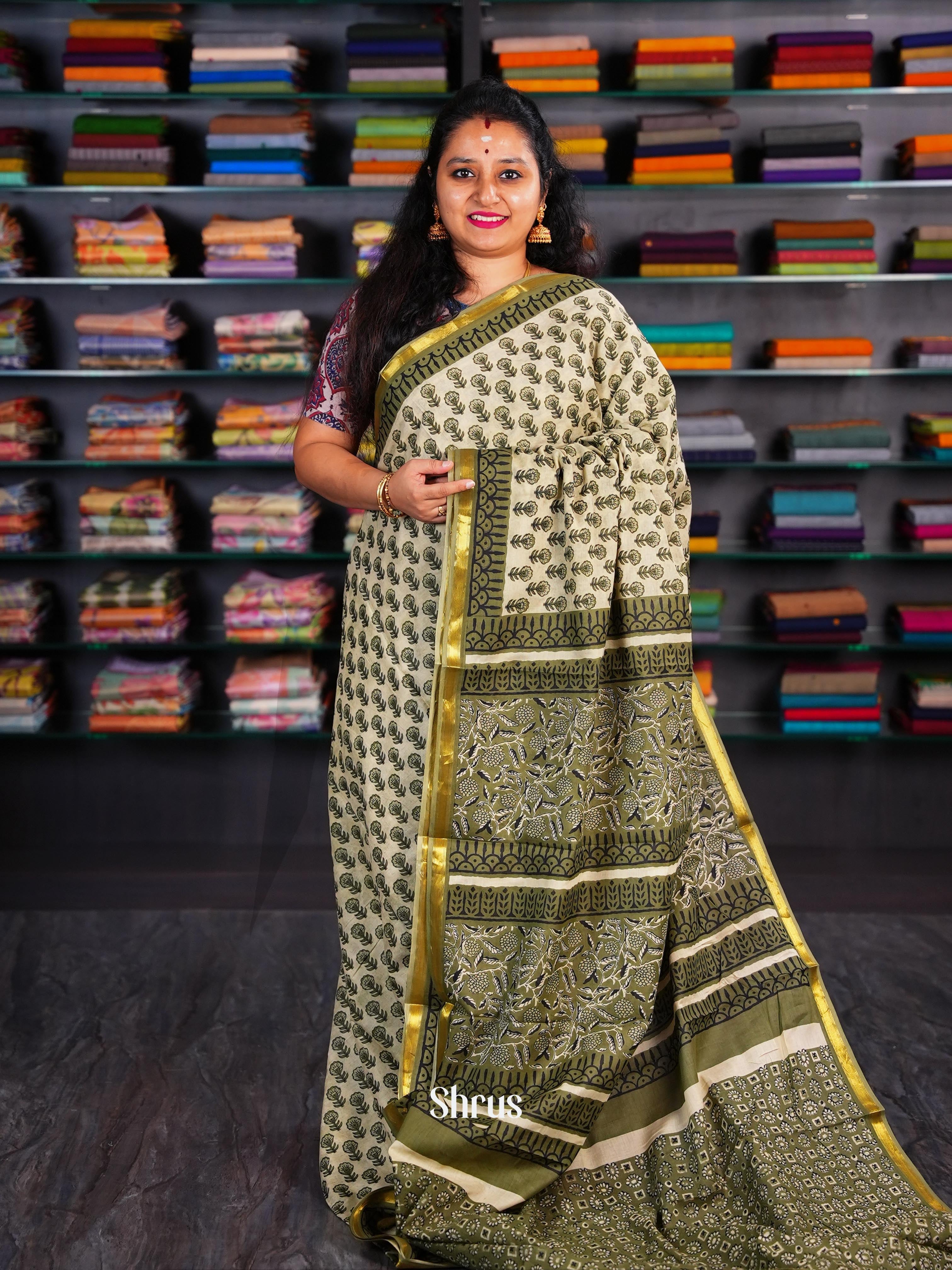 Cream & Green - Semi Chanderi Saree