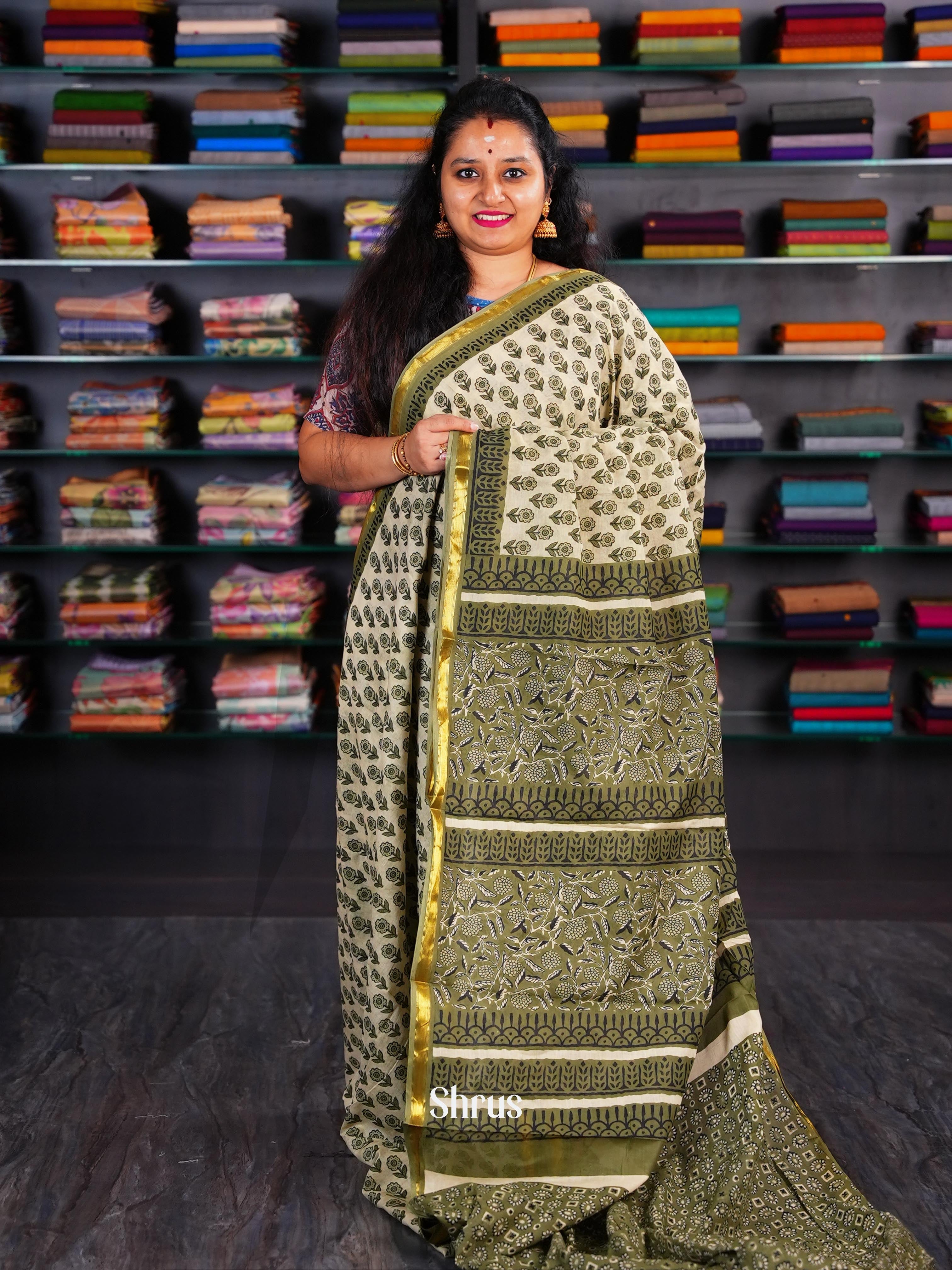 Cream & Green - Semi Chanderi Saree