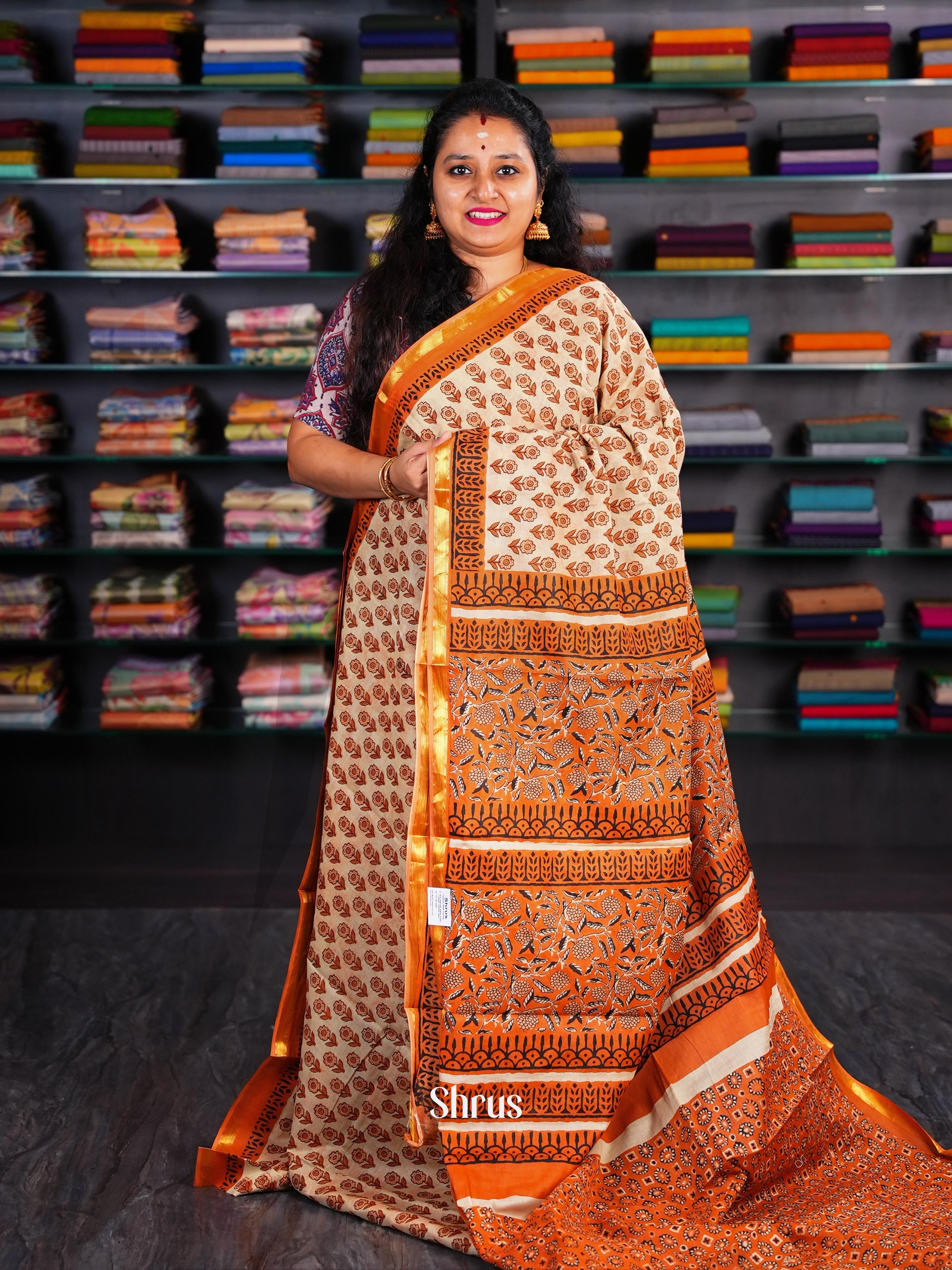 cream &  Orange - Semi Chanderi Saree