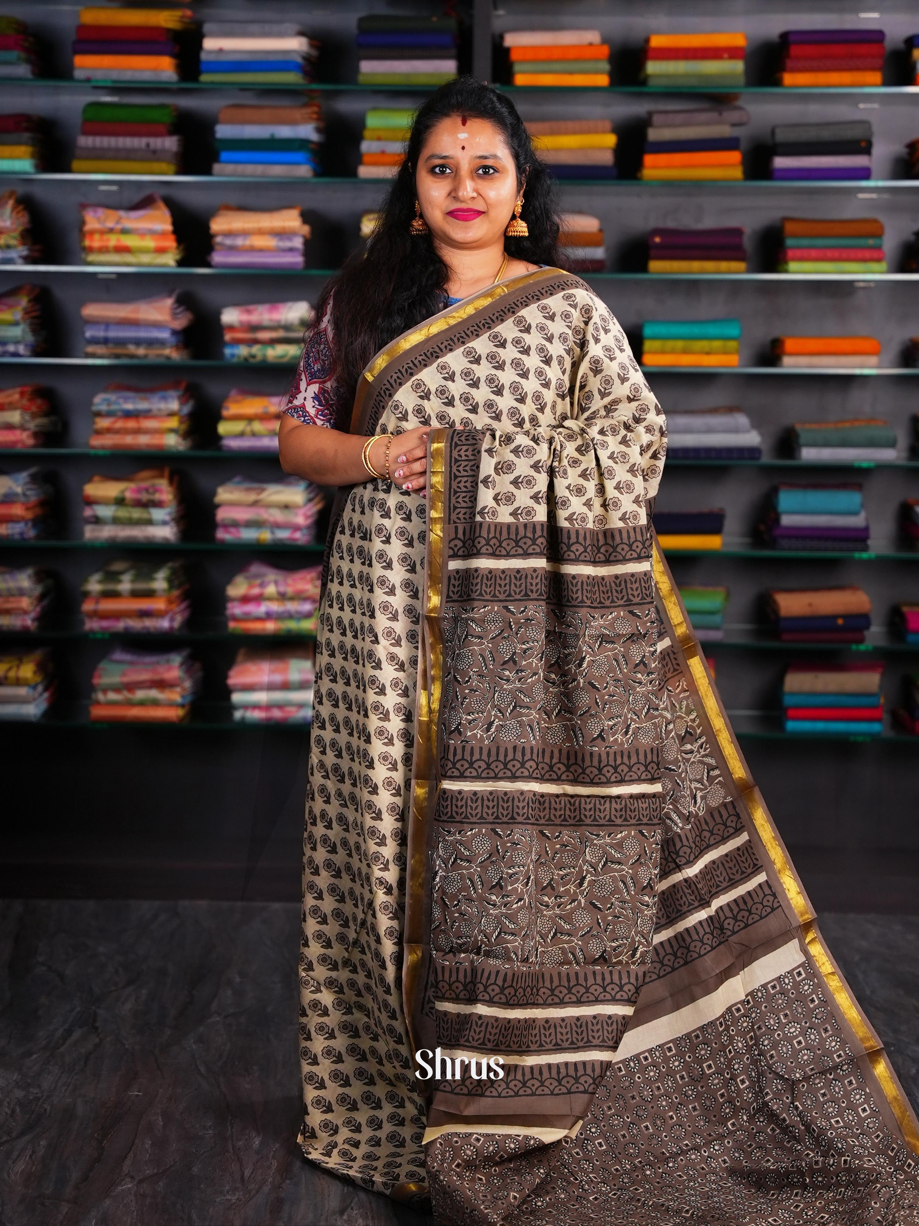 Cream & Brown - Semi Chanderi Saree