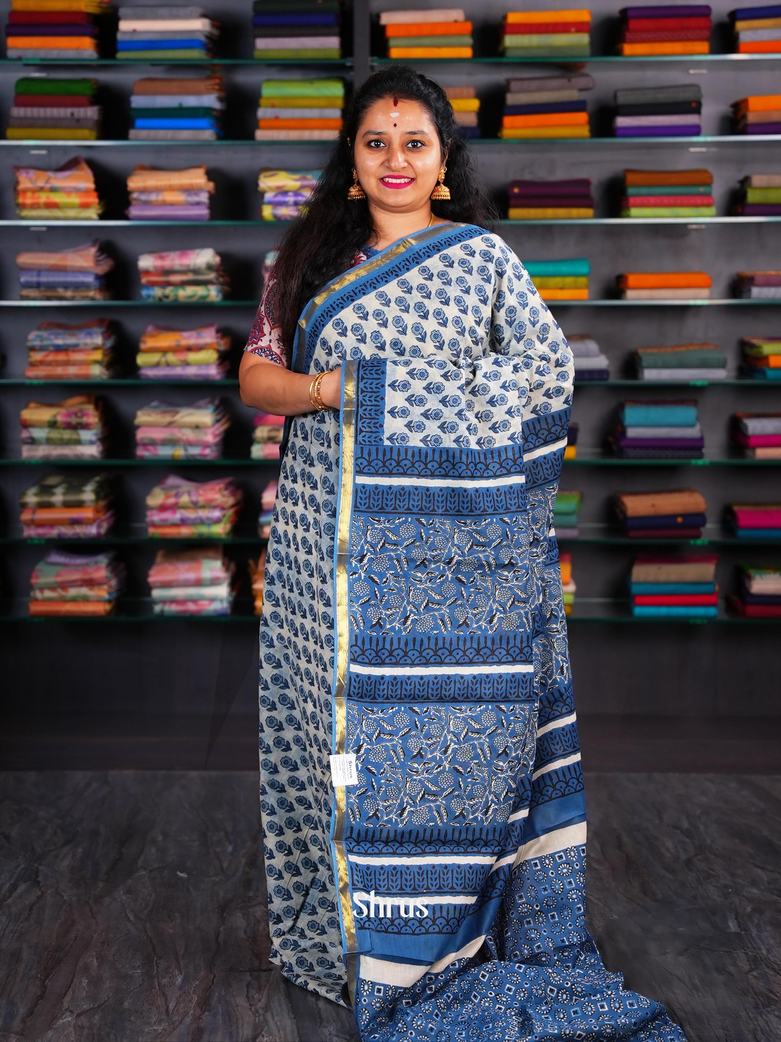 Cream & Blue  - Semi Chanderi Saree