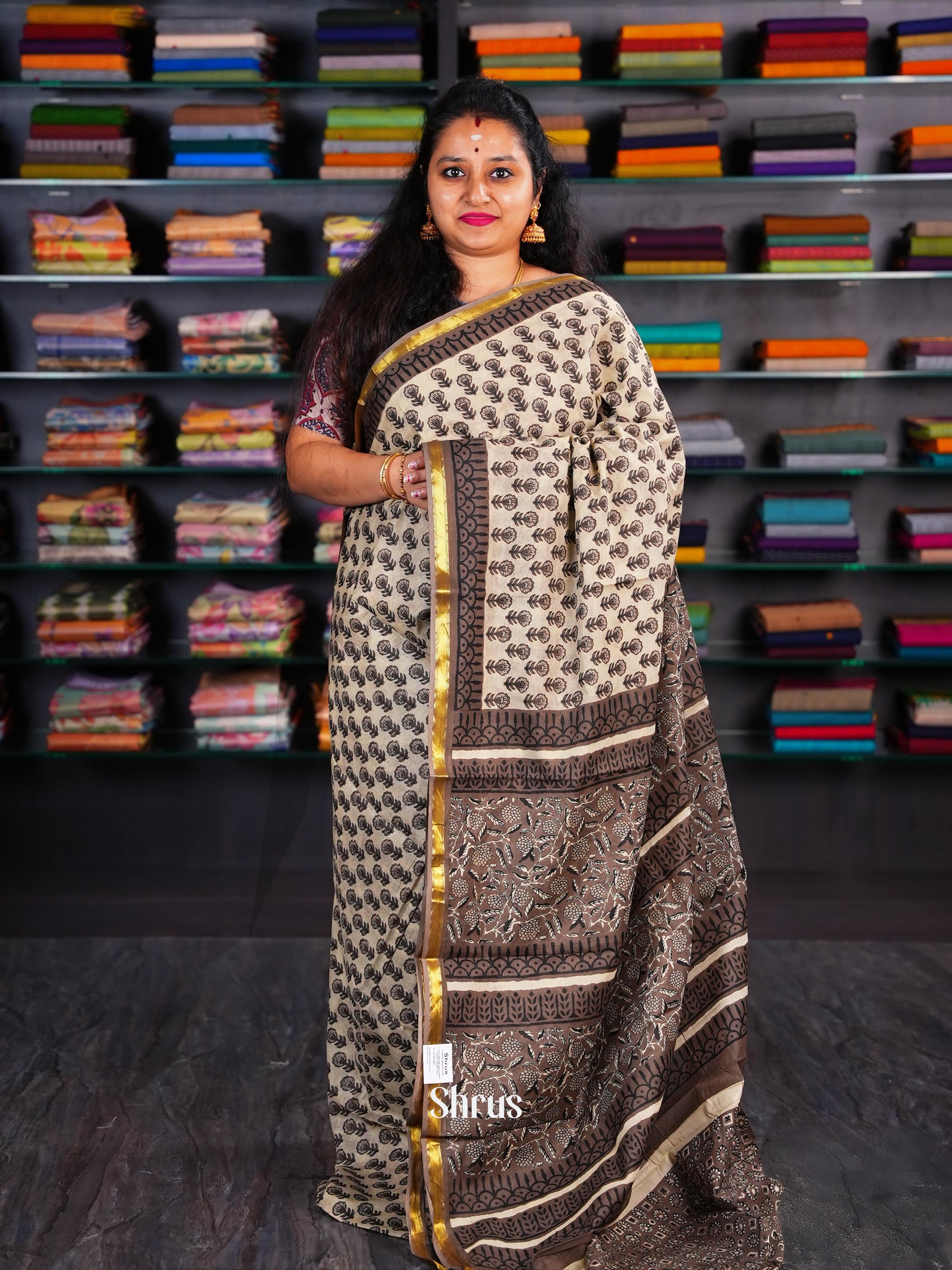 Cream & Brown - Semi Chanderi Saree