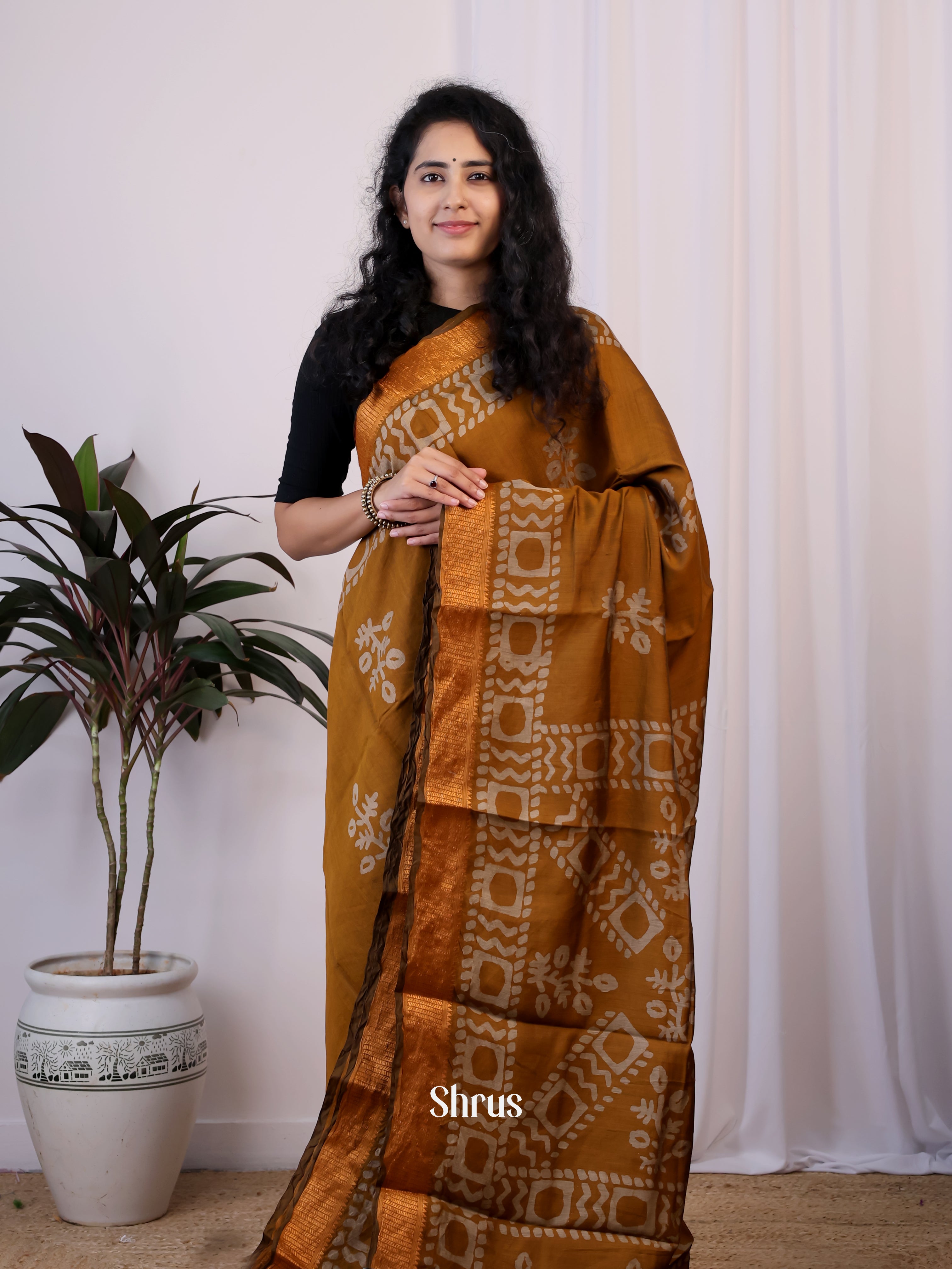 Brown - Semi Chanderi Saree