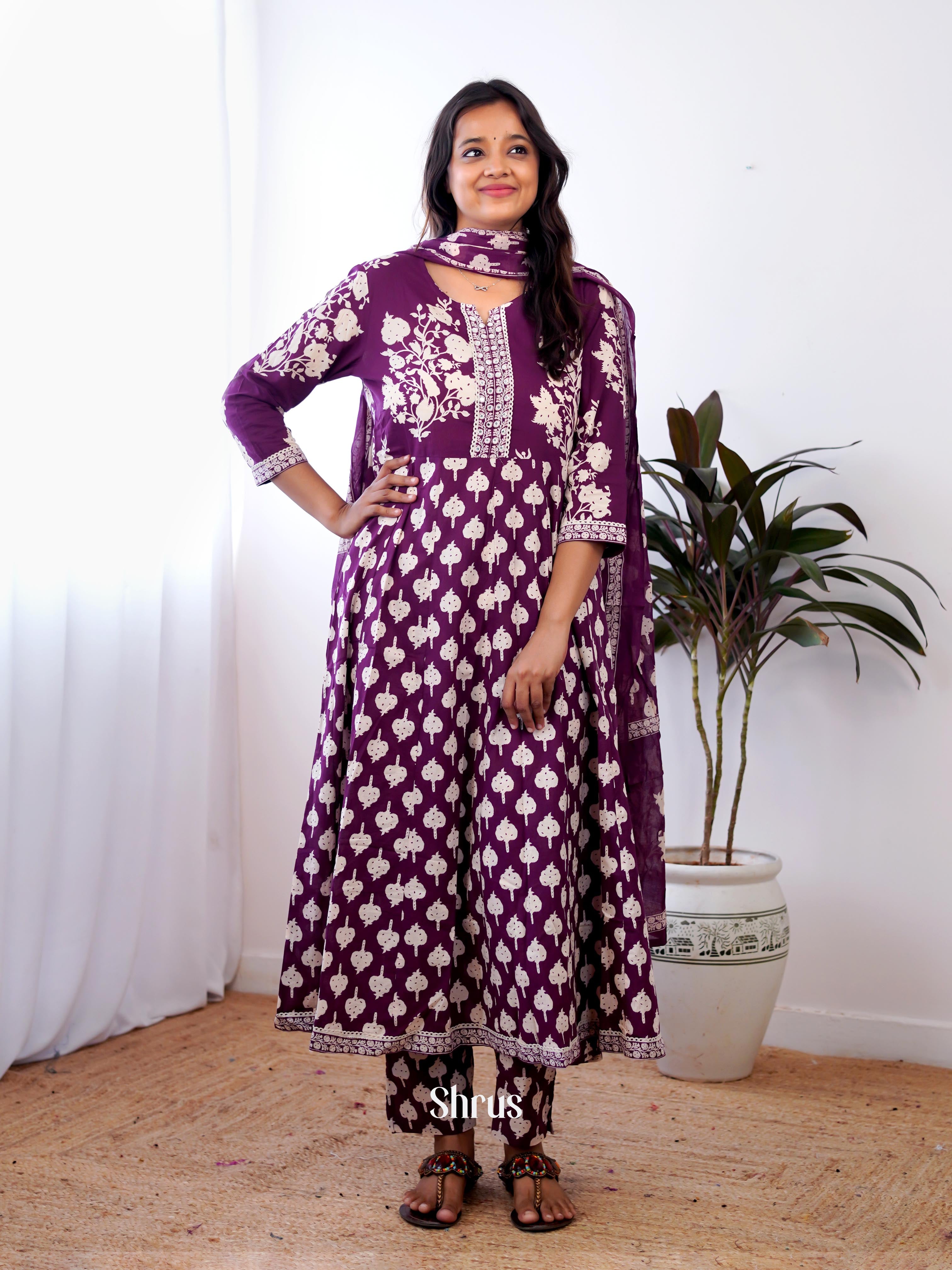 Purple - 3pc Anarkali printed Readymade Suits