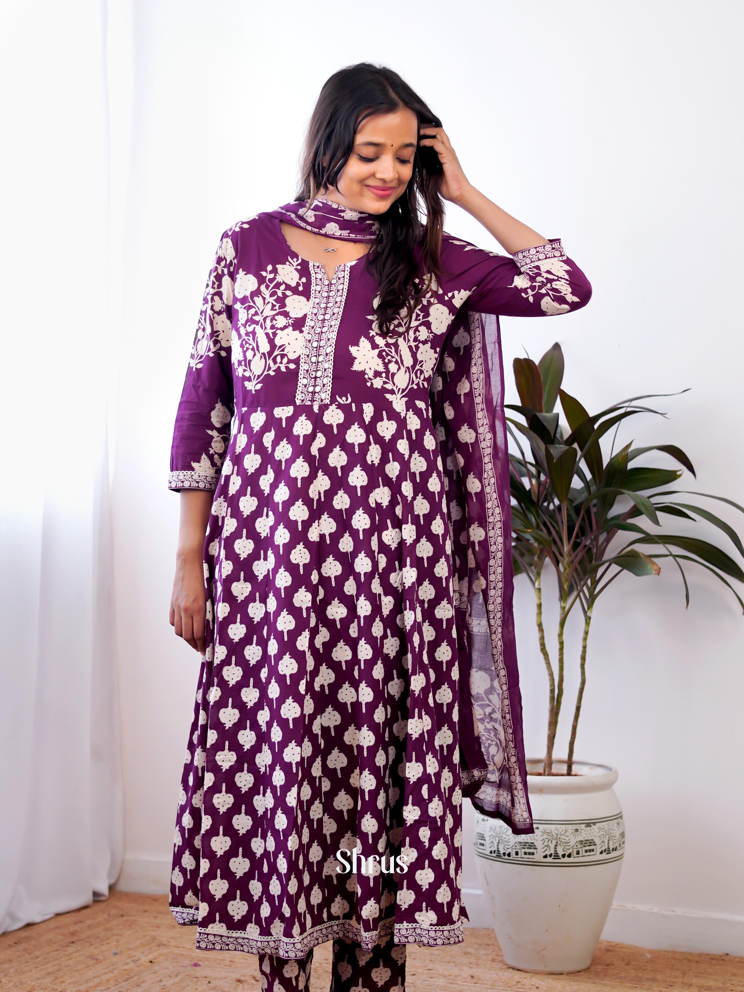 Purple - 3pc Anarkali printed Readymade Suits