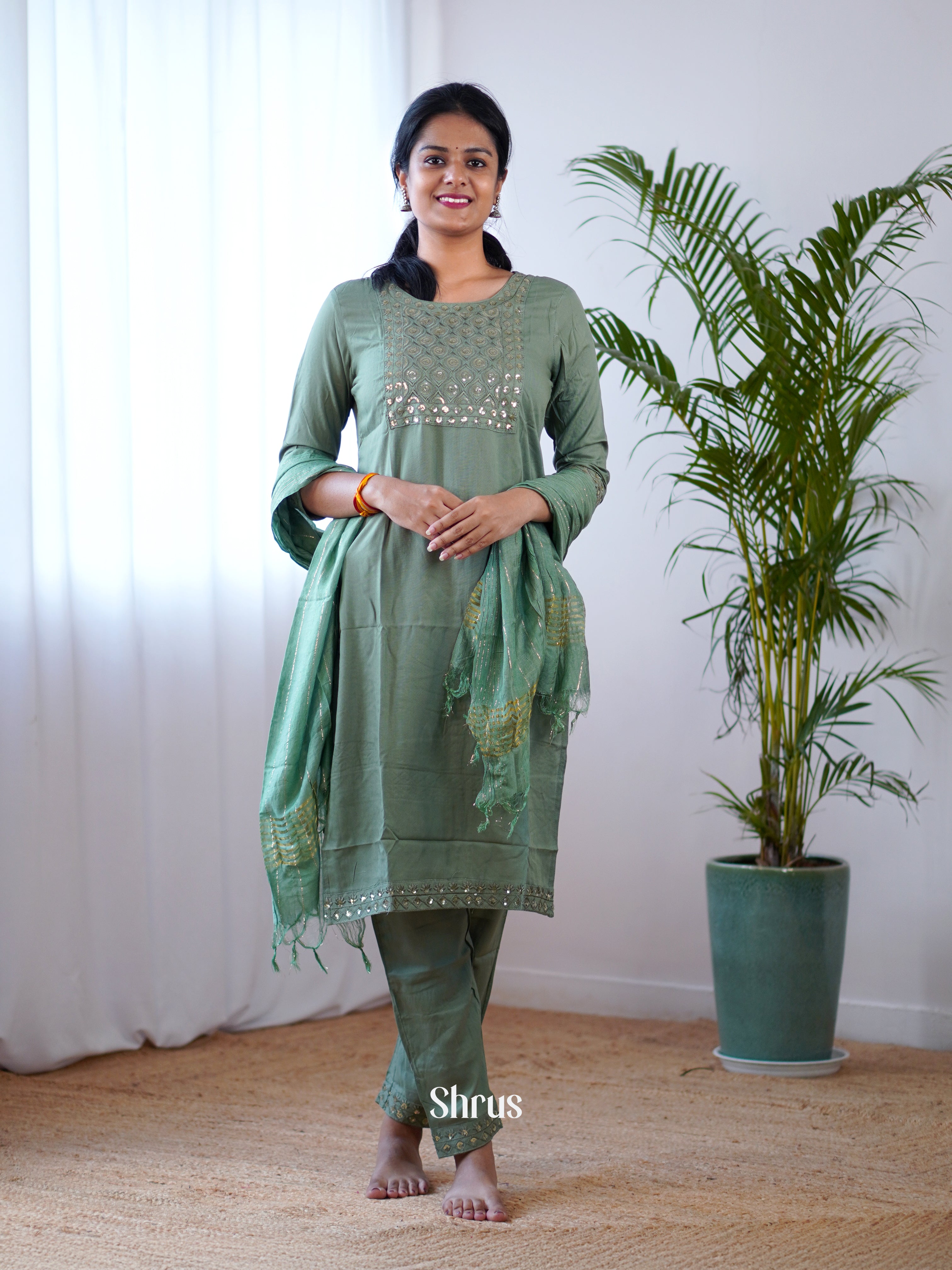 Grey Green - 3pc sequin work Readymade Suits