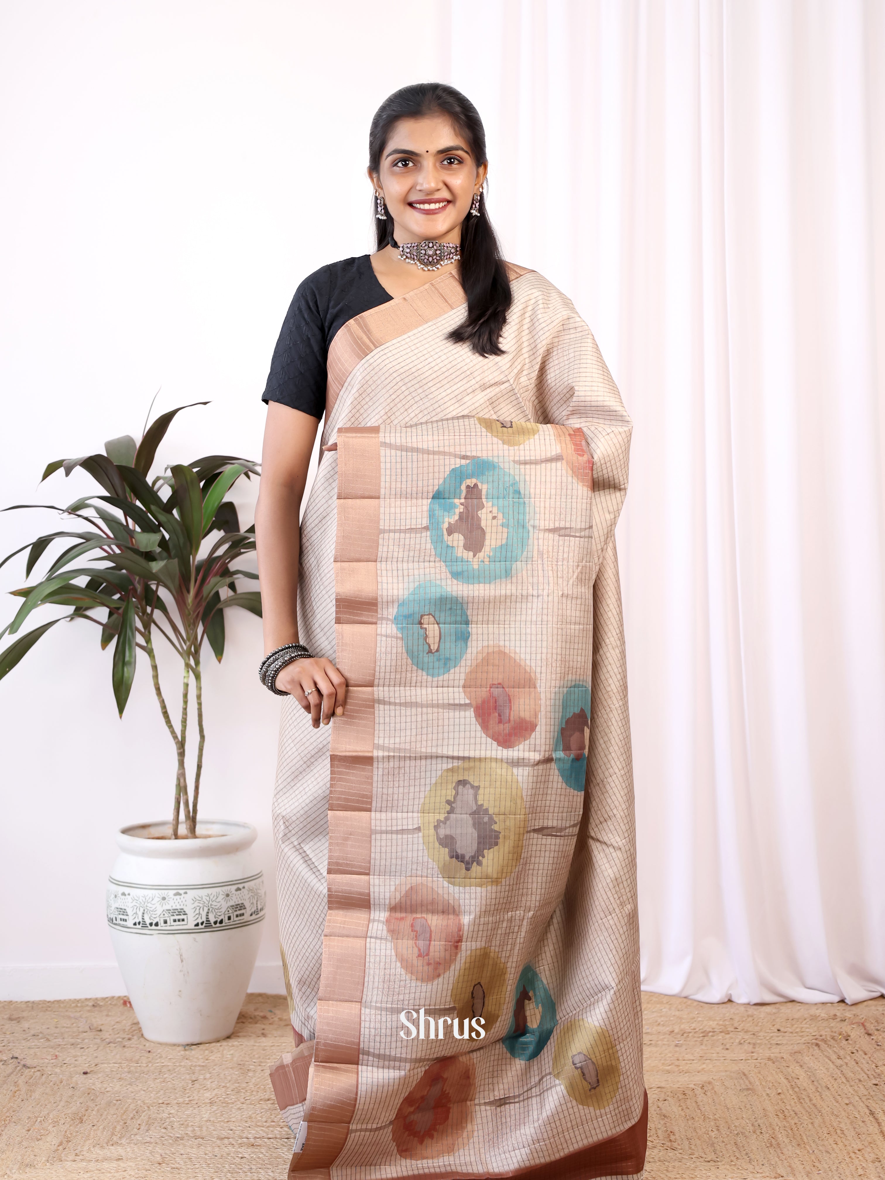 Cream & Brown - Semi Tussar Saree