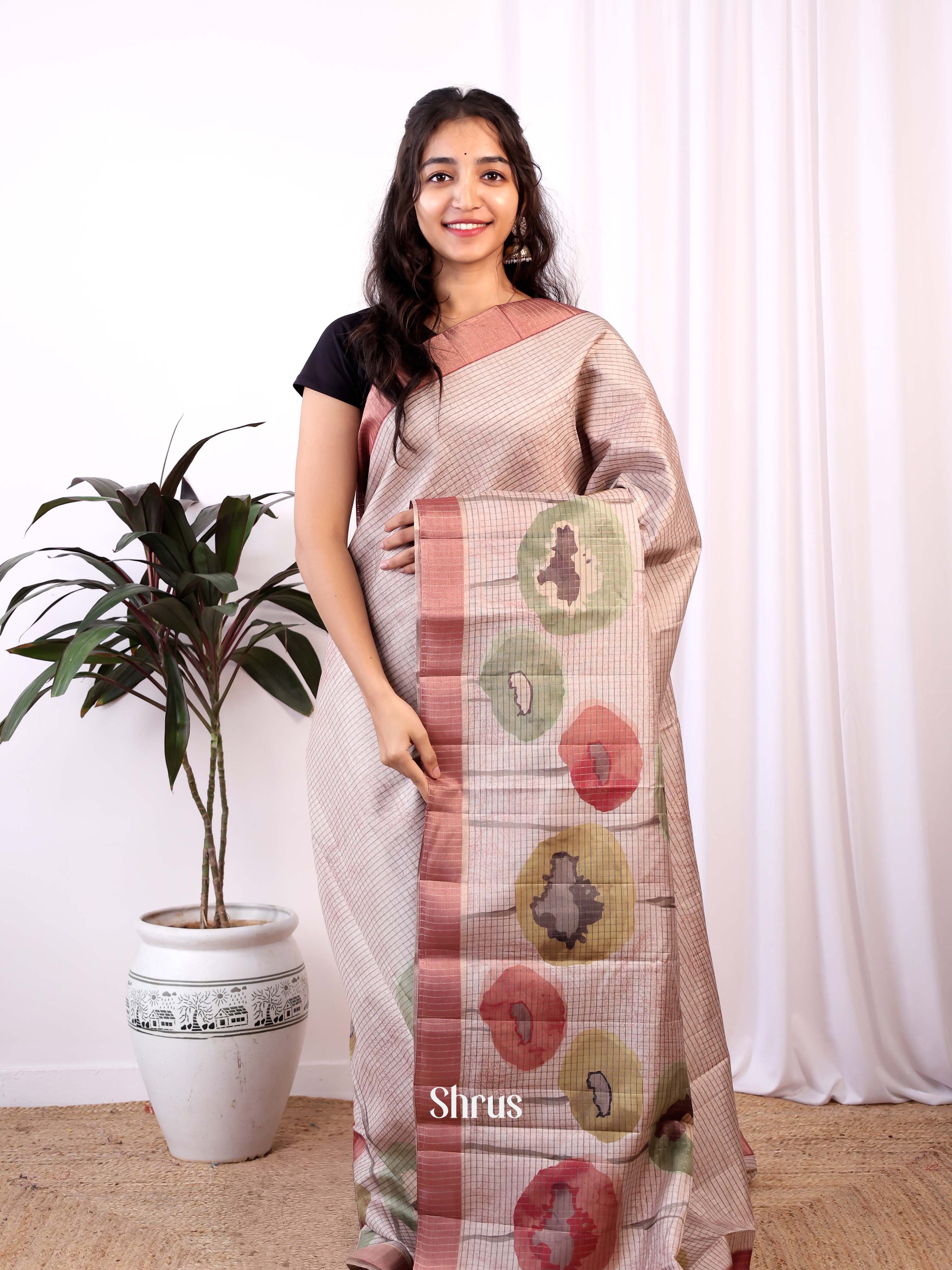 Cream & Brown - Semi Tussar Saree