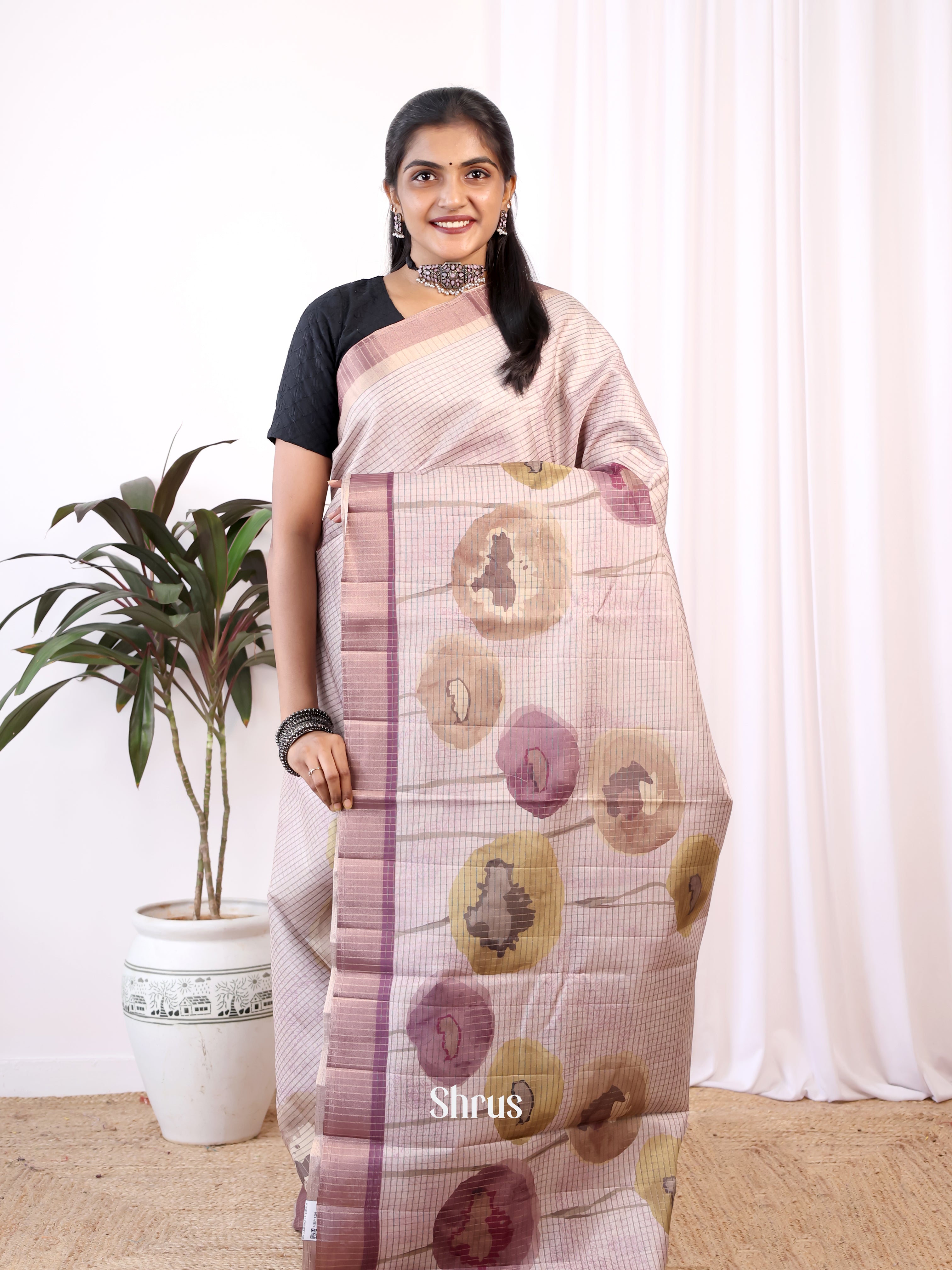 Cream & Purple - Semi Tussar Saree