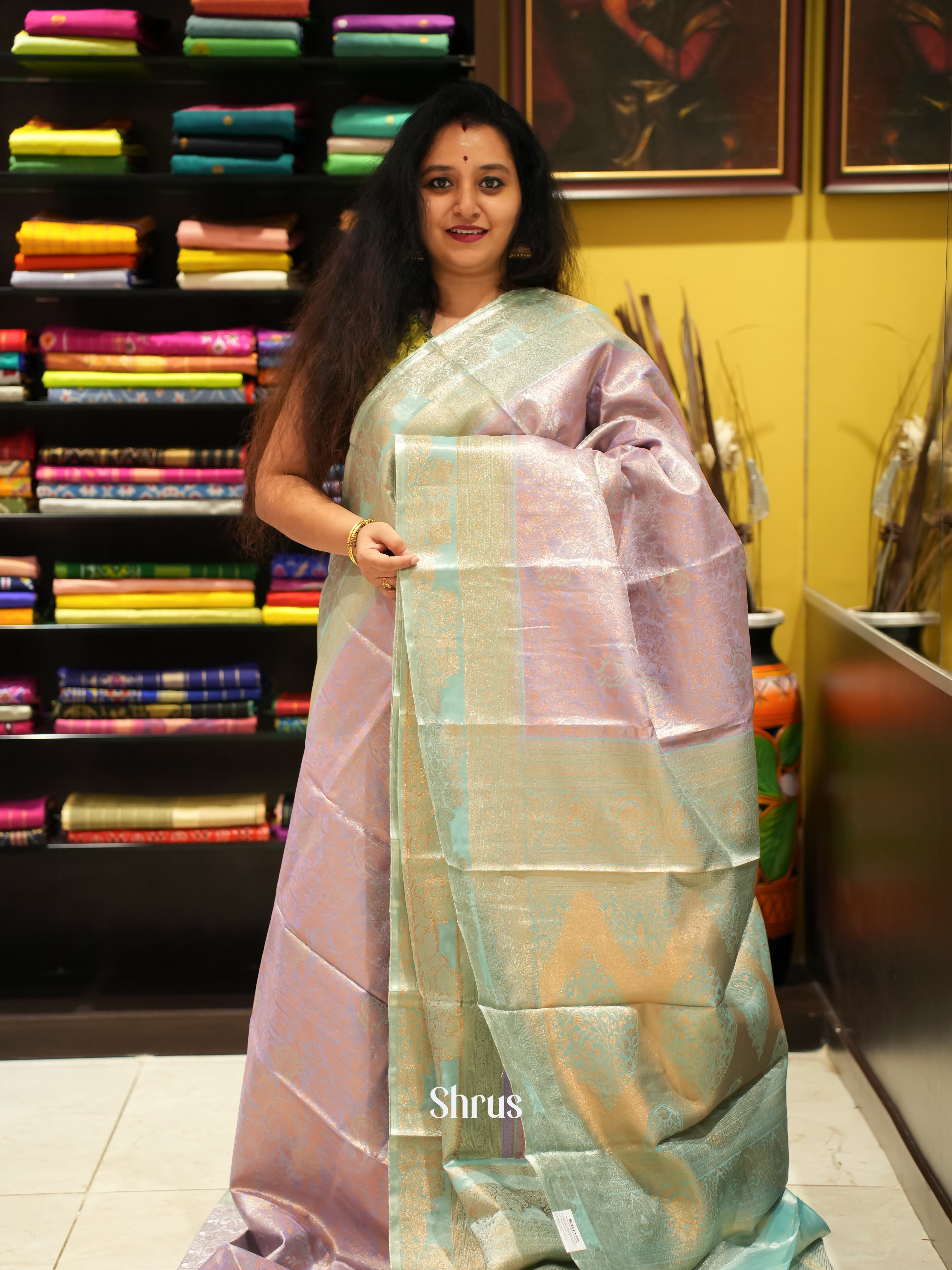 Lavender & Green- Kanchipuram-halfpure Saree