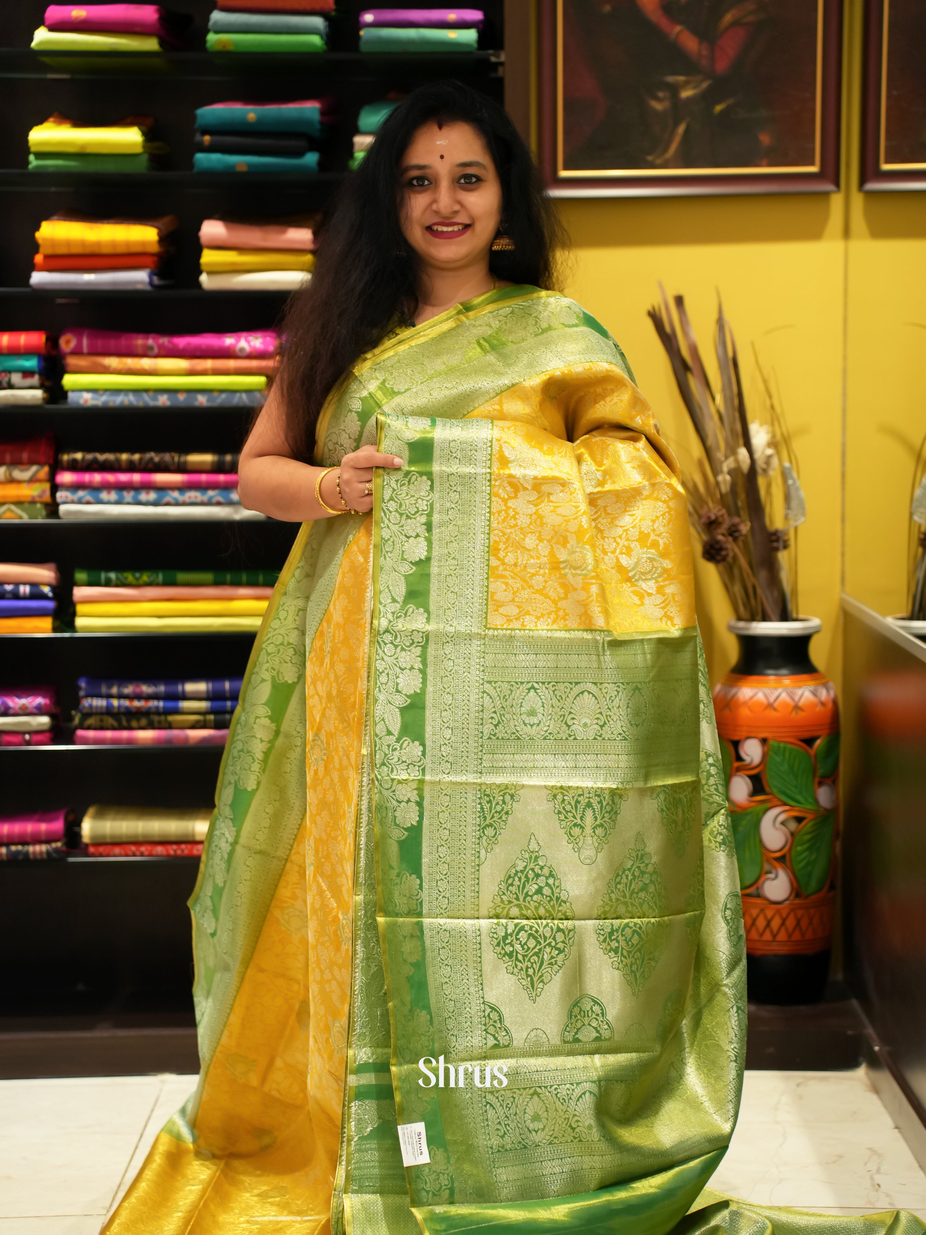 Yellow & green - Kanchipuram-halfpure Saree